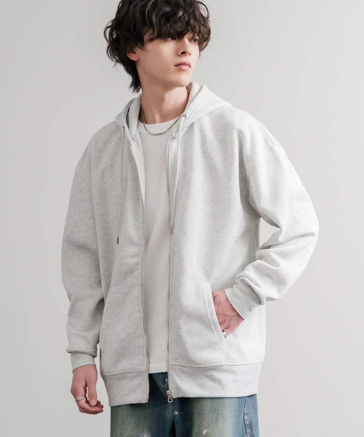 オーバーサイズ裏起毛フルジップ綿タッチパーカー 14987