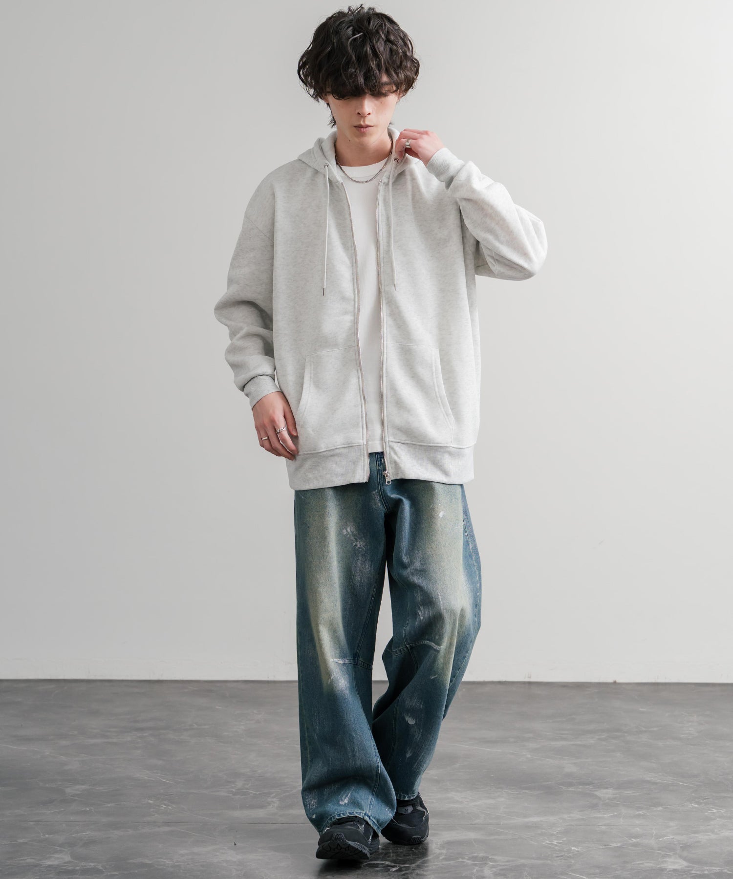 オーバーサイズ裏起毛フルジップ綿タッチパーカー 14987