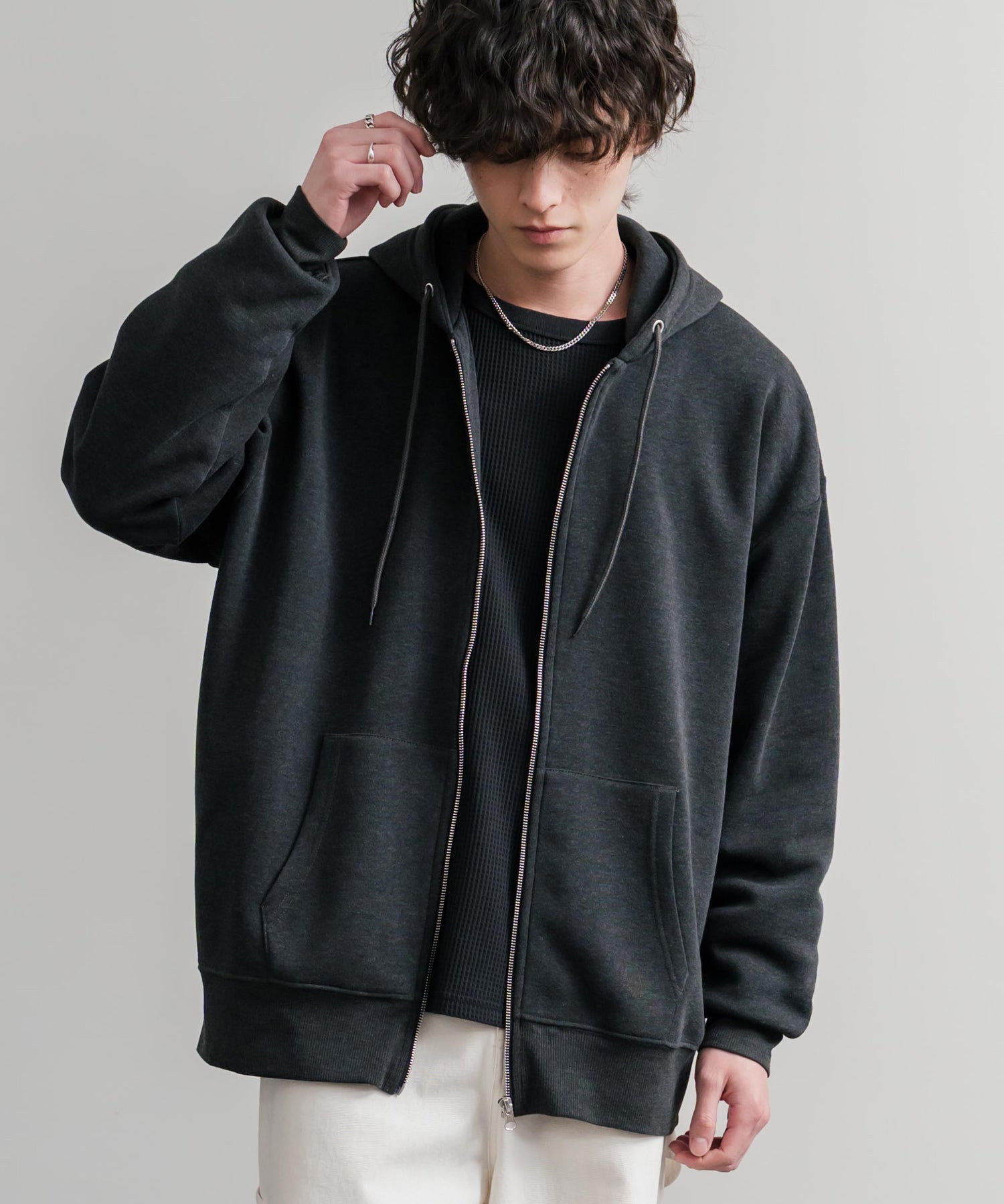 オーバーサイズ裏起毛フルジップ綿タッチパーカー 14987