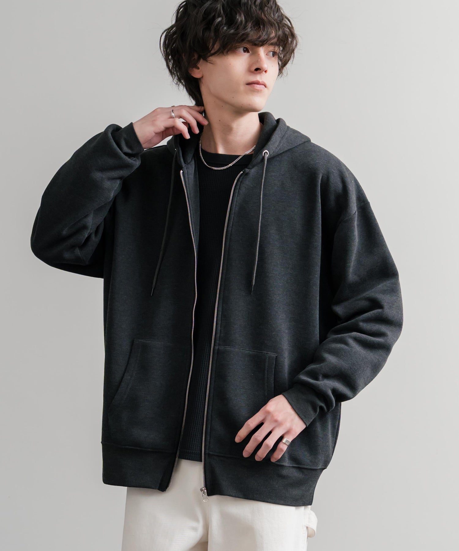 オーバーサイズ裏起毛フルジップ綿タッチパーカー 14987