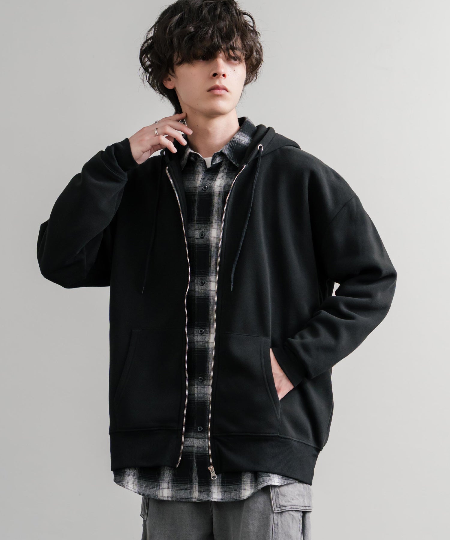 オーバーサイズ裏起毛フルジップ綿タッチパーカー 14987