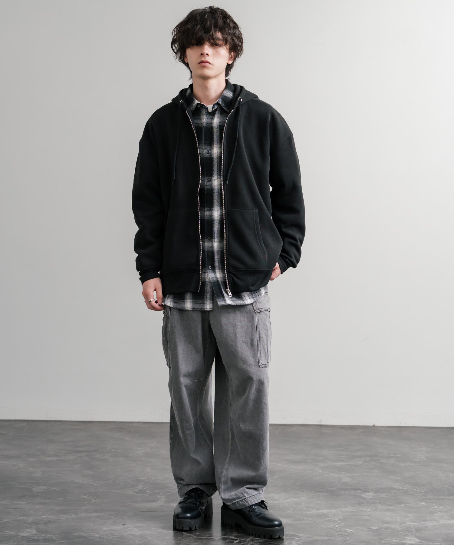 オーバーサイズ裏起毛フルジップ綿タッチパーカー 14987