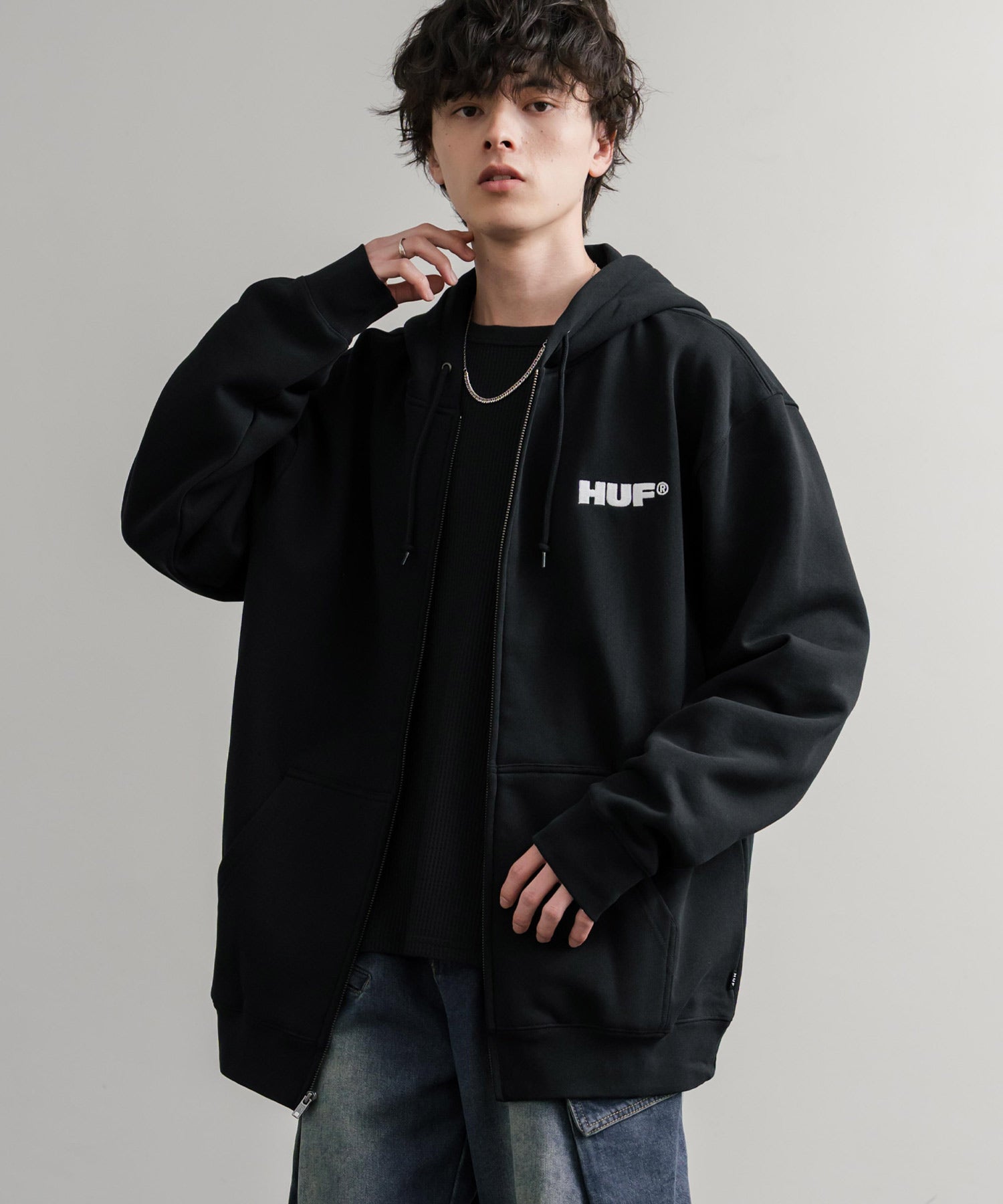 Z HOODIE オーバーサイズ裏起毛ワンポイントロゴ刺繍フルジップパーカー 15058