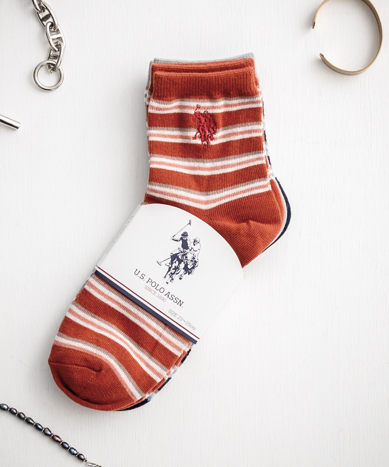 U.S. POLO ASSN. ユーエスポロアッスン マルチボーダーワンポイントロゴ刺繍3足アソートクォーター丈ソックス 15071