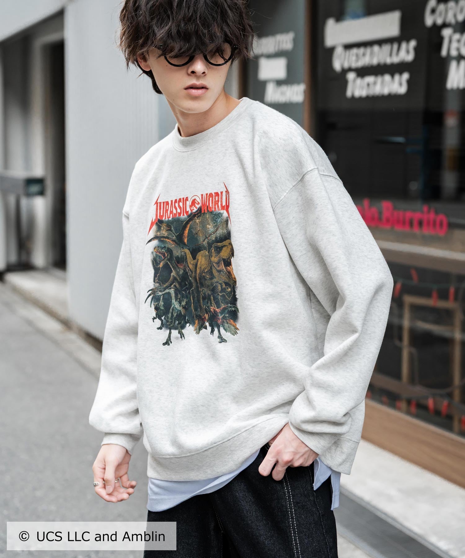 Universal City Studios LLC 別注コラボ オーバーサイズヴィンテージライクグラフィックプリント裏起毛スウェットトレーナー 15115