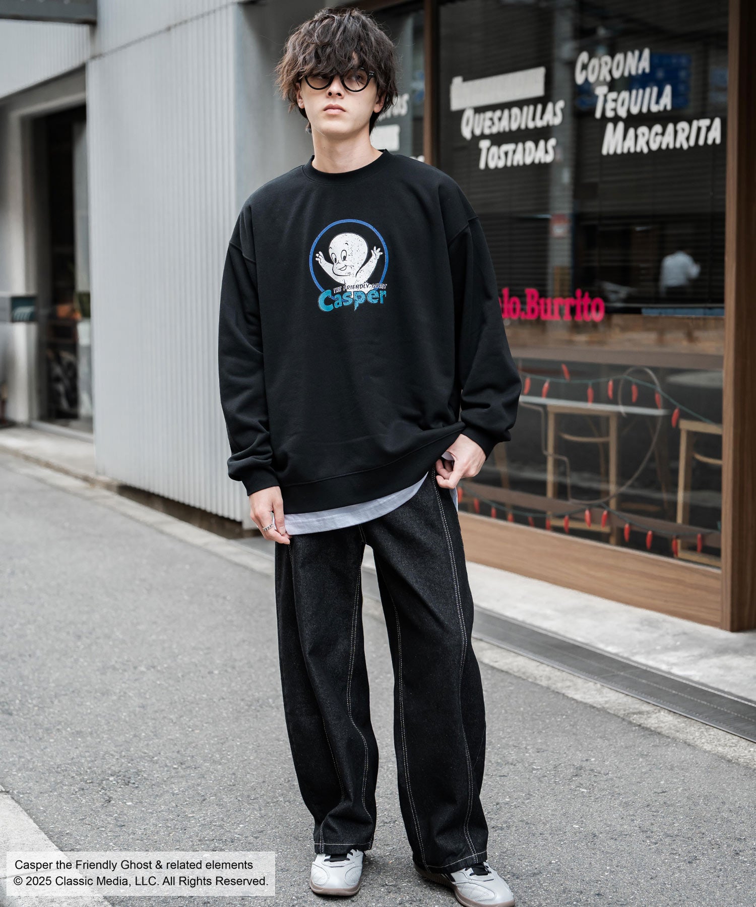 Casper/FELIX THE CAT 別注コラボ オーバーサイズヴィンテージライクグラフィックプリント裏起毛スウェットトレーナー 15116