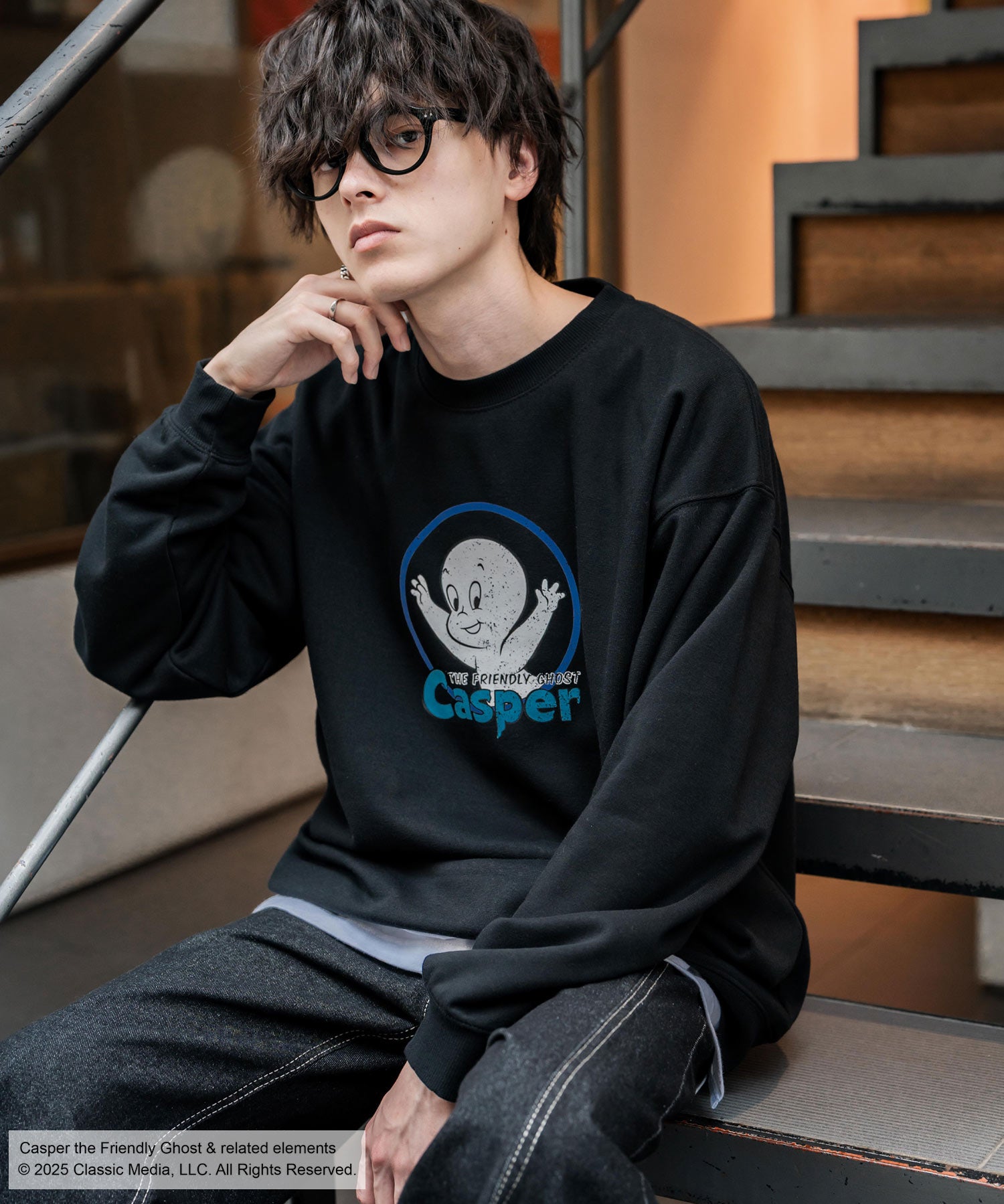 Casper/FELIX THE CAT 別注コラボ オーバーサイズヴィンテージライクグラフィックプリント裏起毛スウェットトレーナー 15116