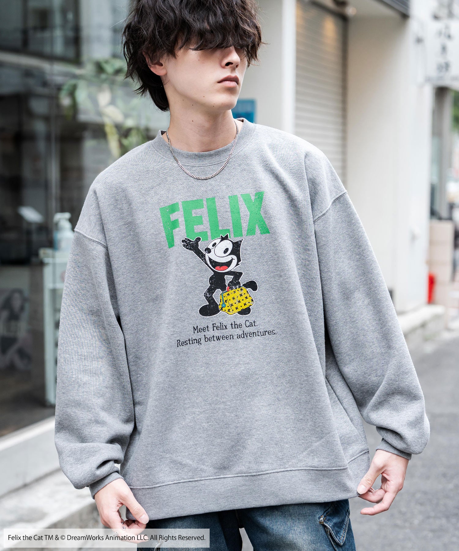 Casper/FELIX THE CAT 別注コラボ オーバーサイズヴィンテージライクグラフィックプリント裏起毛スウェットトレーナー 15116