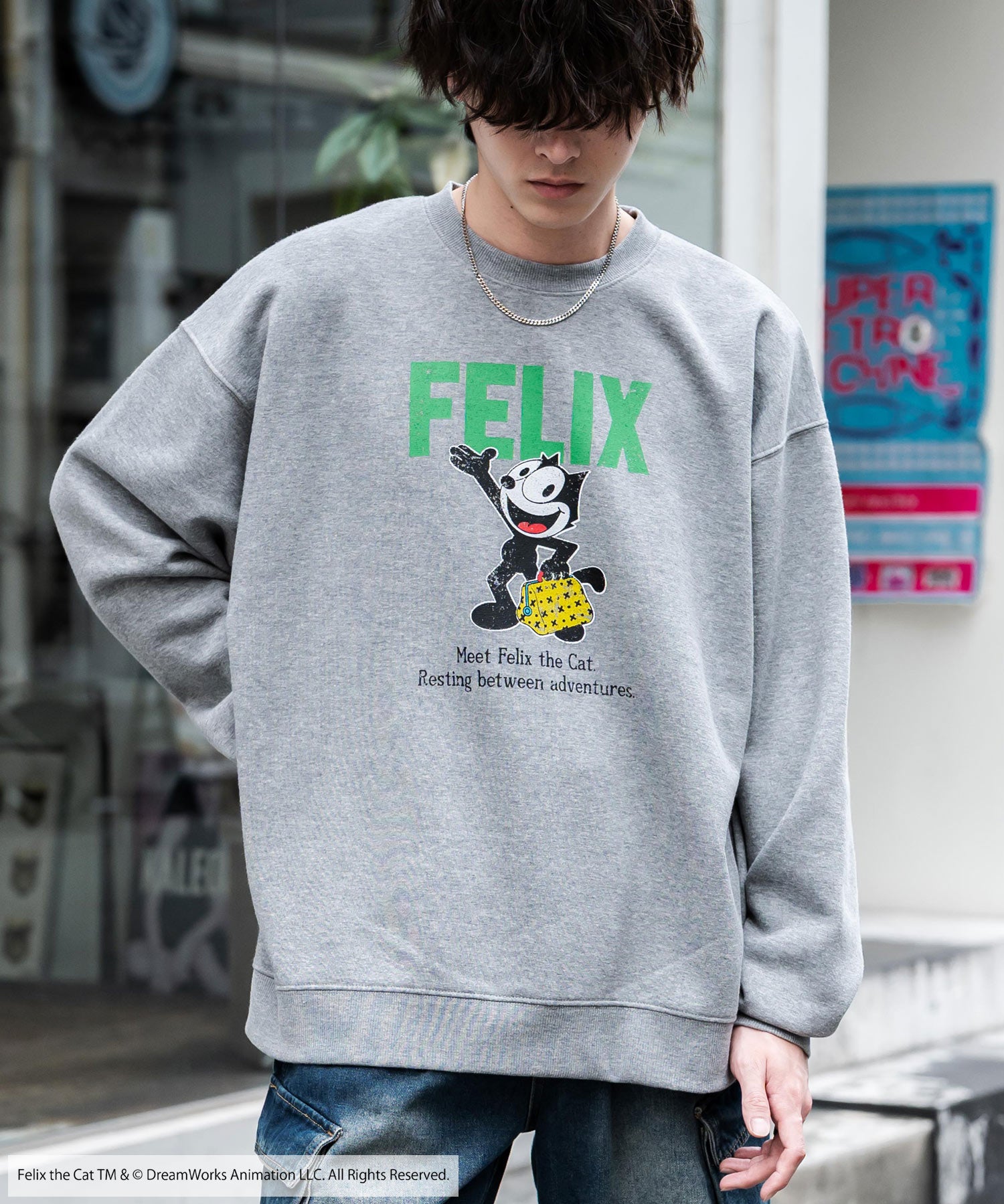Casper/FELIX THE CAT 別注コラボ オーバーサイズヴィンテージライクグラフィックプリント裏起毛スウェットトレーナー 15116