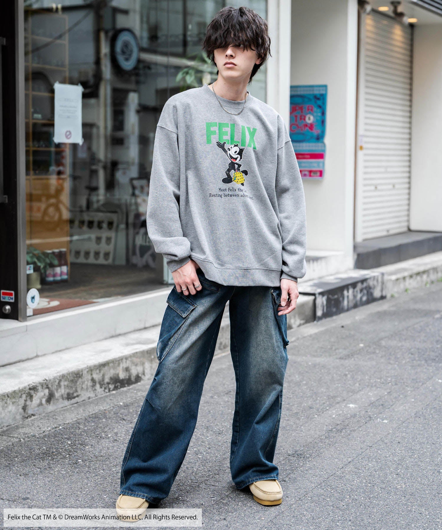 Casper/FELIX THE CAT 別注コラボ オーバーサイズヴィンテージライクグラフィックプリント裏起毛スウェットトレーナー 15116