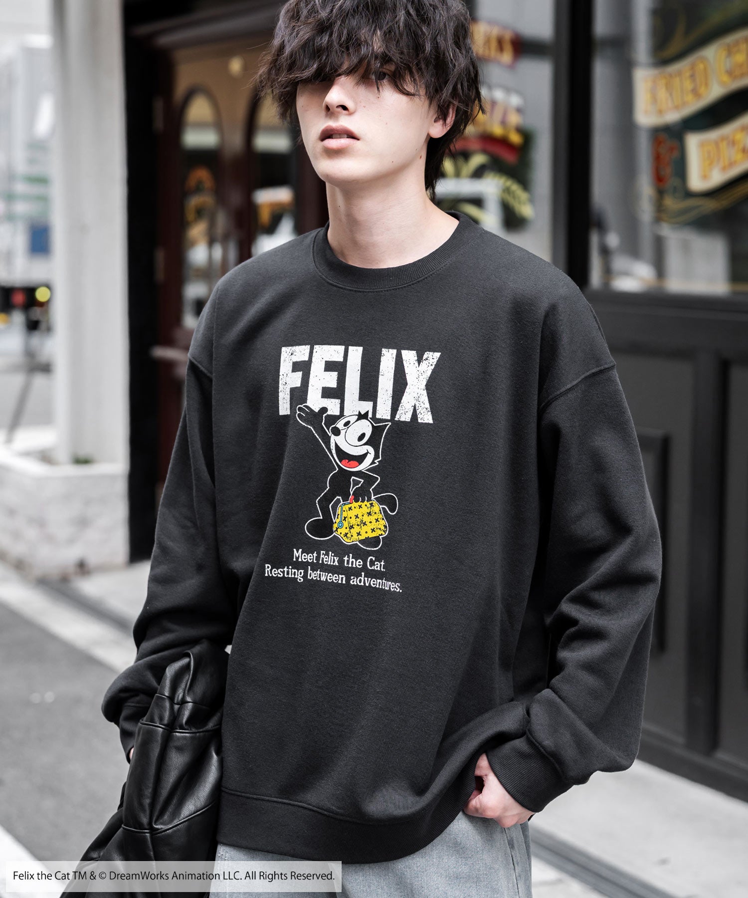 FELIX THE CAT 別注コラボ オーバーサイズヴィンテージライクグラフィックプリント裏起毛スウェットトレーナー 15116
