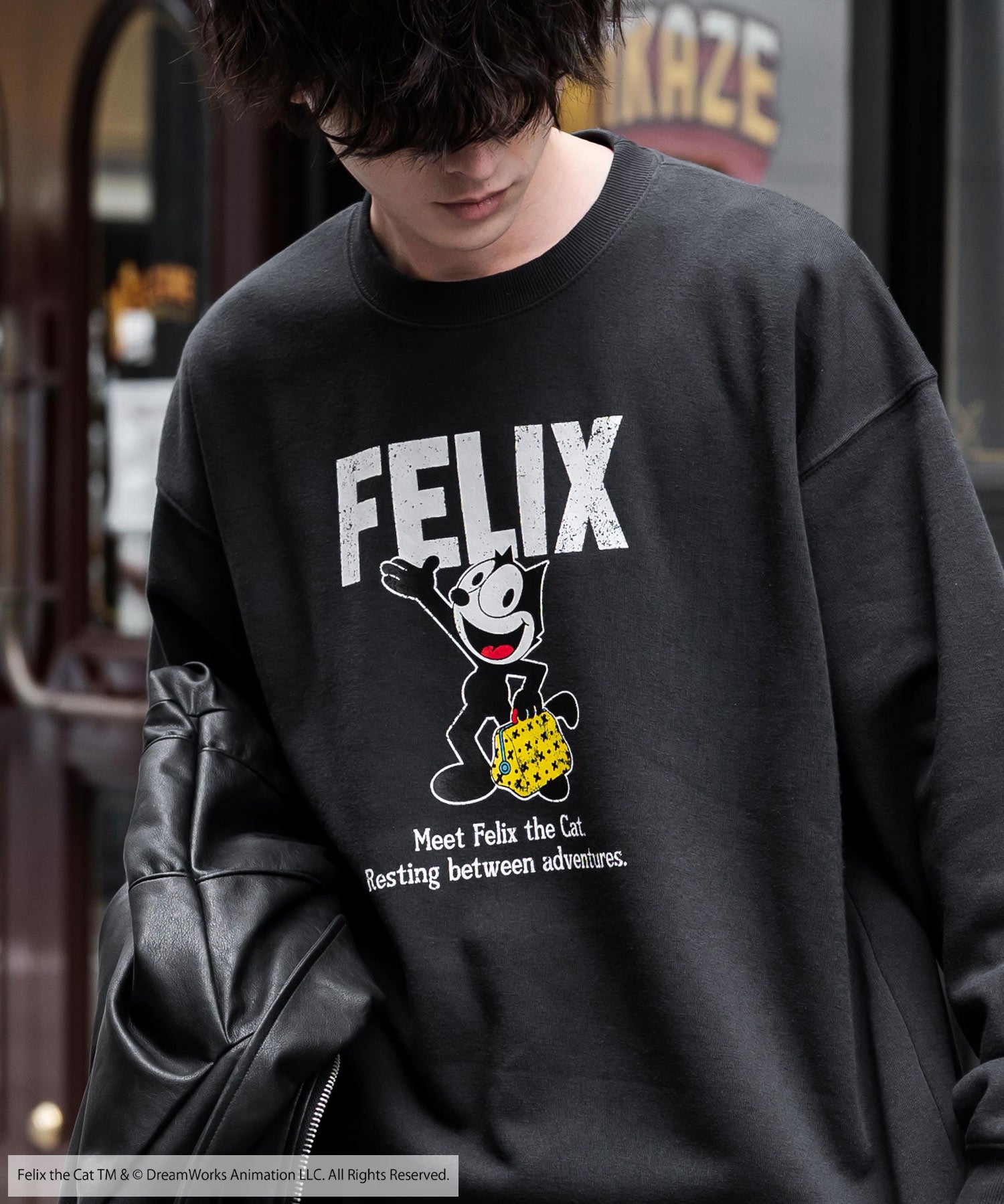 Casper/FELIX THE CAT 別注コラボ オーバーサイズヴィンテージライクグラフィックプリント裏起毛スウェットトレーナー 15116