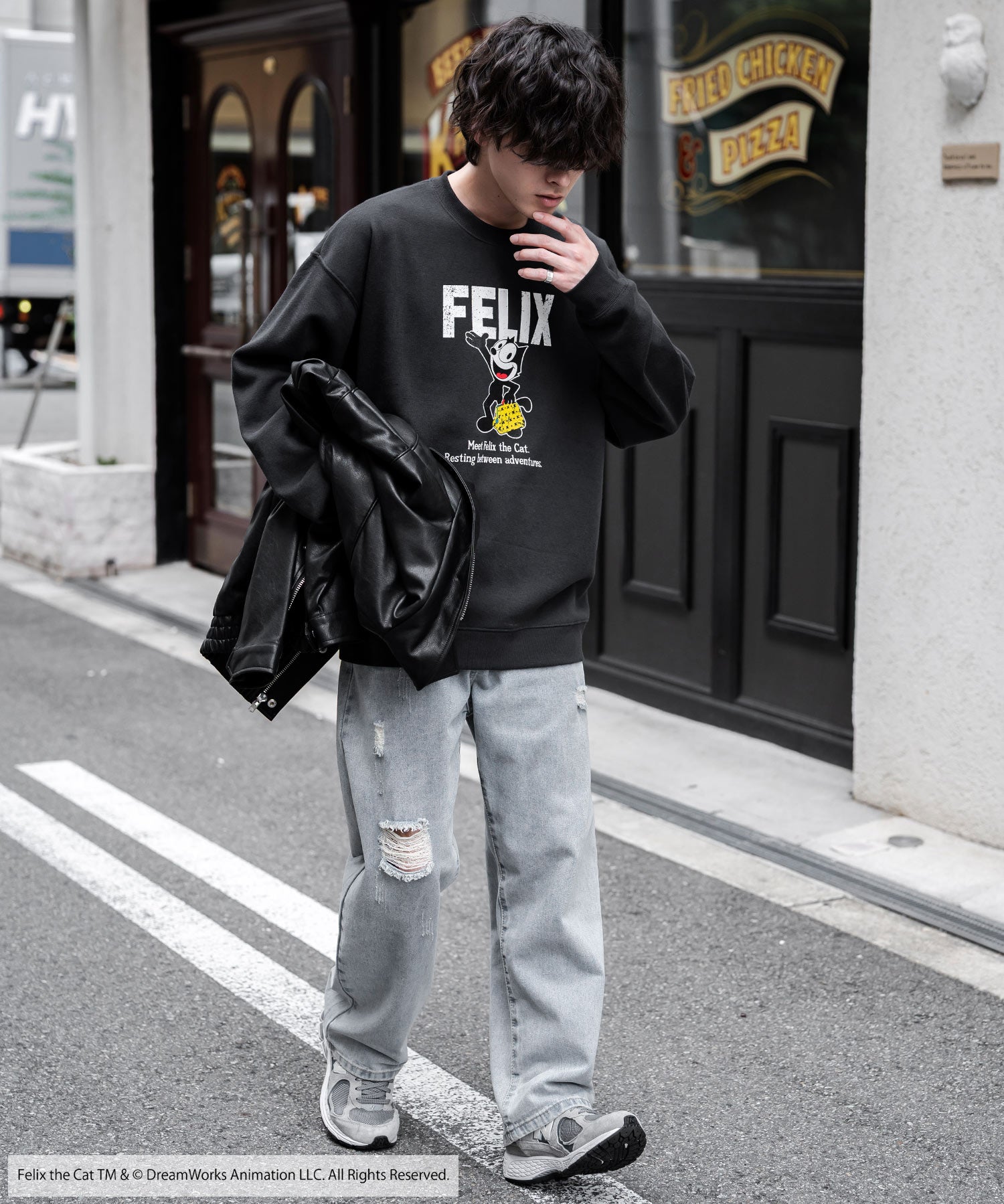 Casper/FELIX THE CAT 別注コラボ オーバーサイズヴィンテージライクグラフィックプリント裏起毛スウェットトレーナー 15116