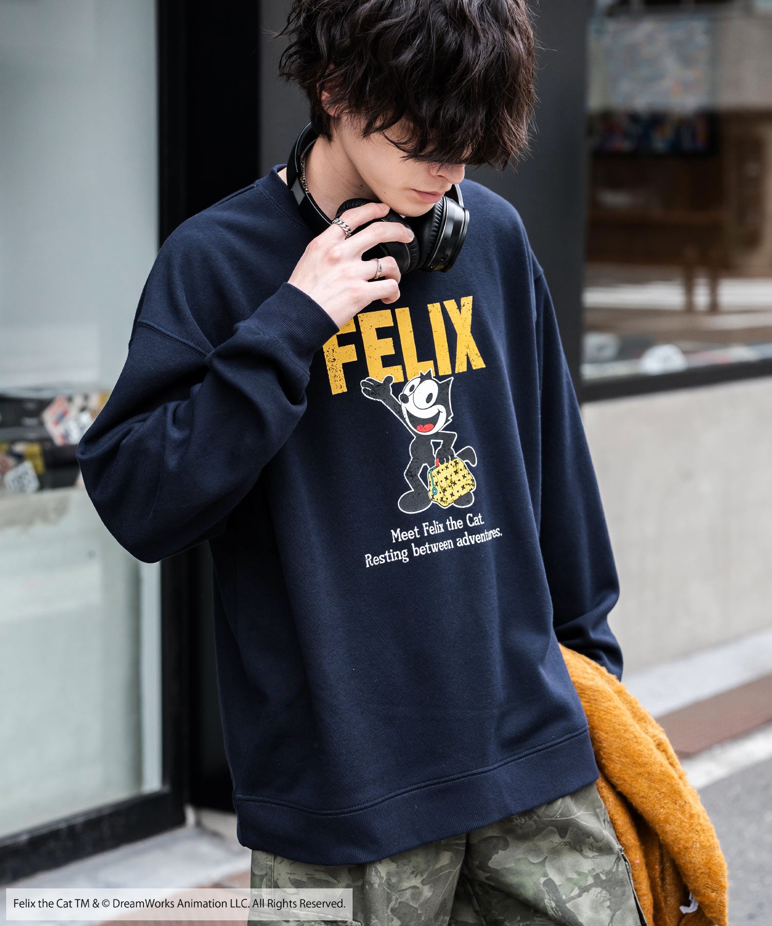 Casper/FELIX THE CAT 別注コラボ オーバーサイズヴィンテージライクグラフィックプリント裏起毛スウェットトレーナー 15116