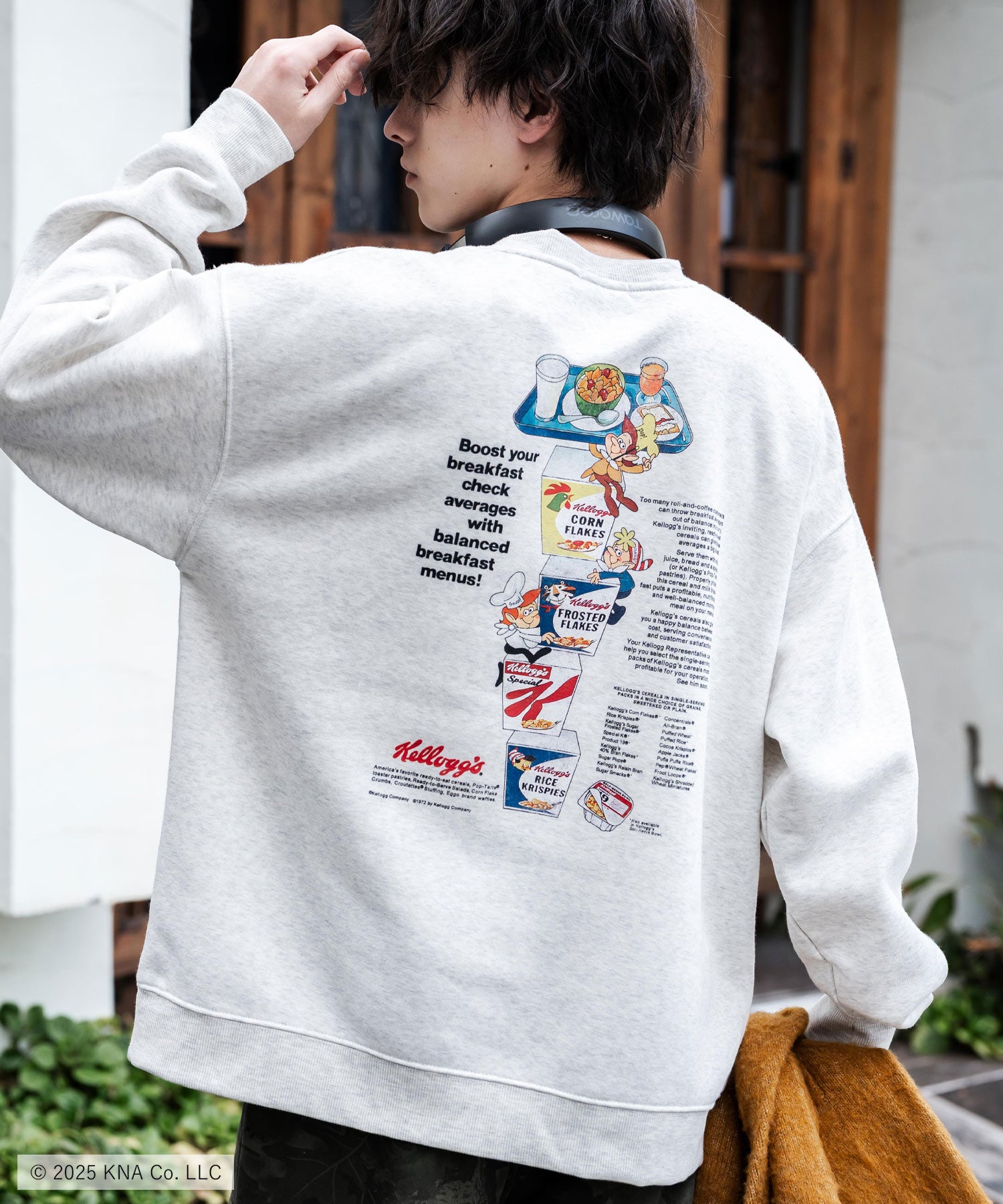 Kellogg's 別注コラボ オーバーサイズヴィンテージライクグラフィックプリント裏起毛スウェットトレーナー 15117
