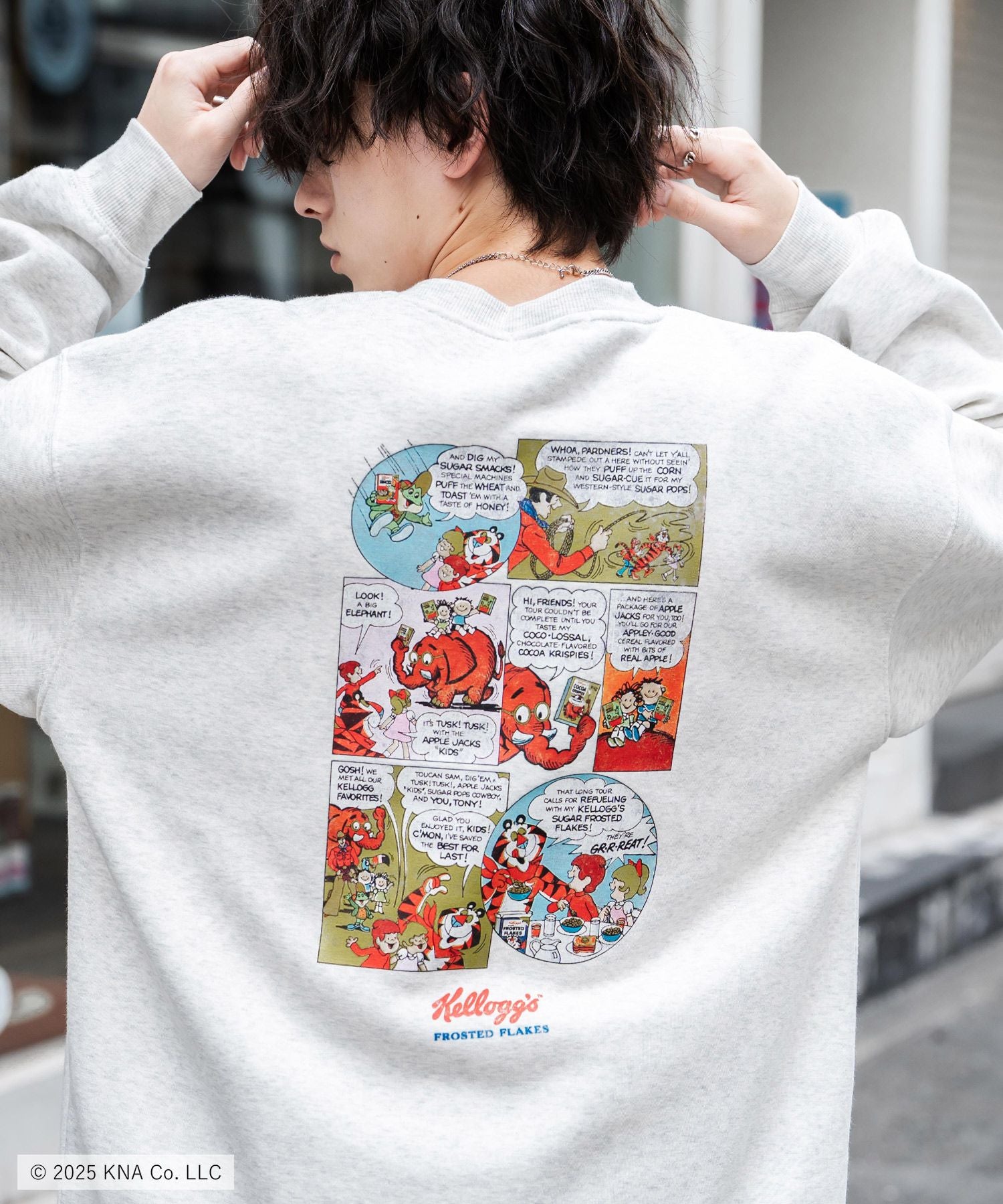 Kellogg's 別注コラボ オーバーサイズヴィンテージライクグラフィックプリント裏起毛スウェットトレーナー 15117