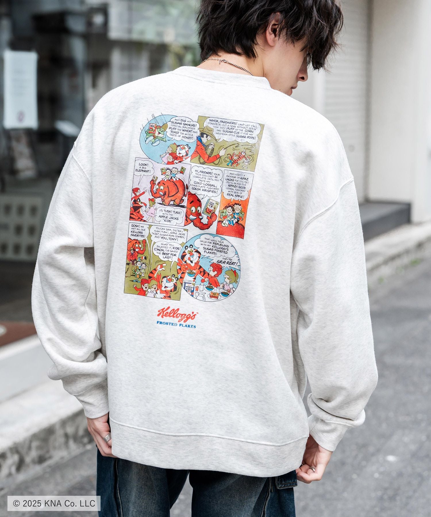 Kellogg's 別注コラボ オーバーサイズヴィンテージライクグラフィックプリント裏起毛スウェットトレーナー 15117