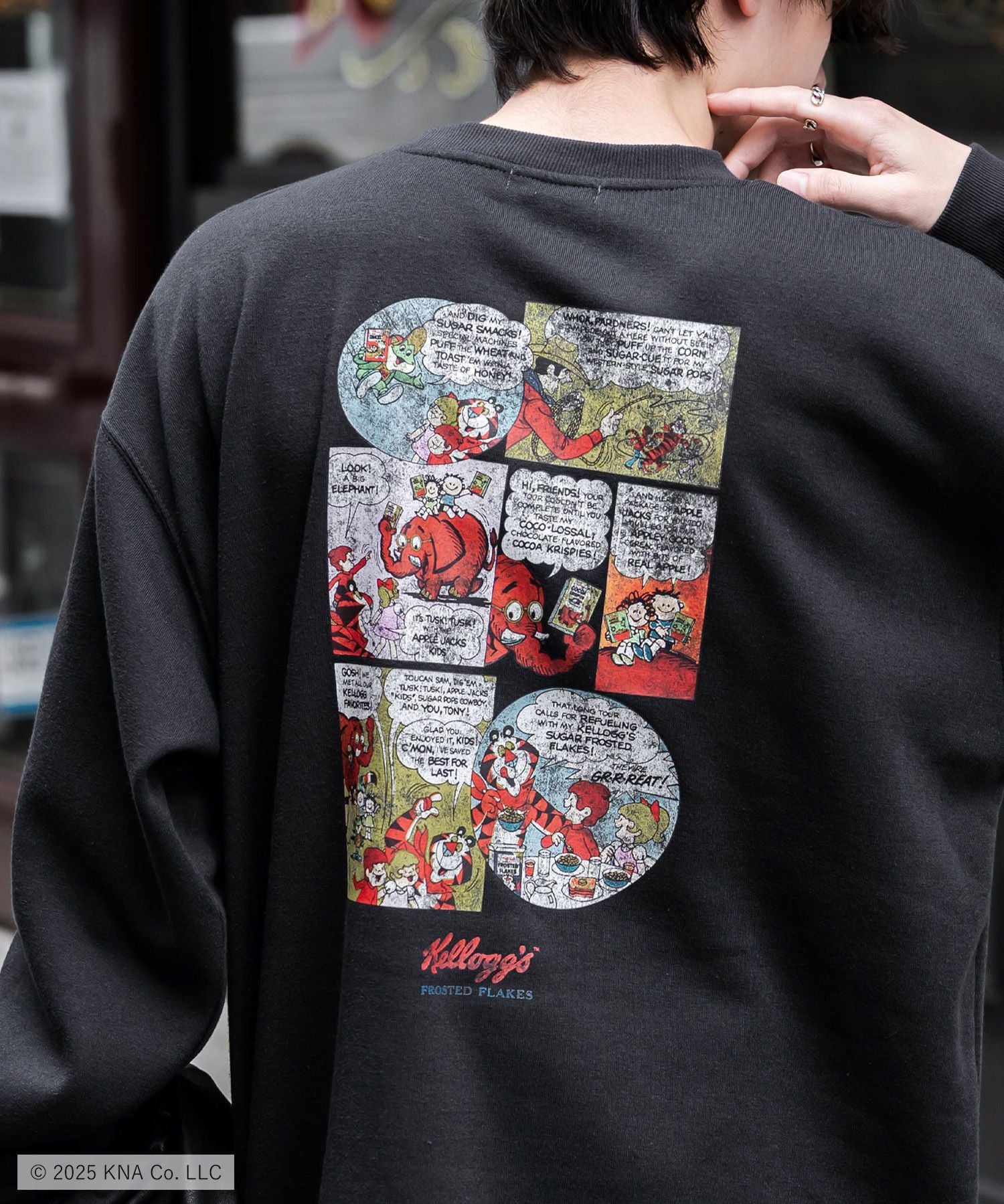 Kellogg's 別注コラボ オーバーサイズヴィンテージライクグラフィックプリント裏起毛スウェットトレーナー 15117