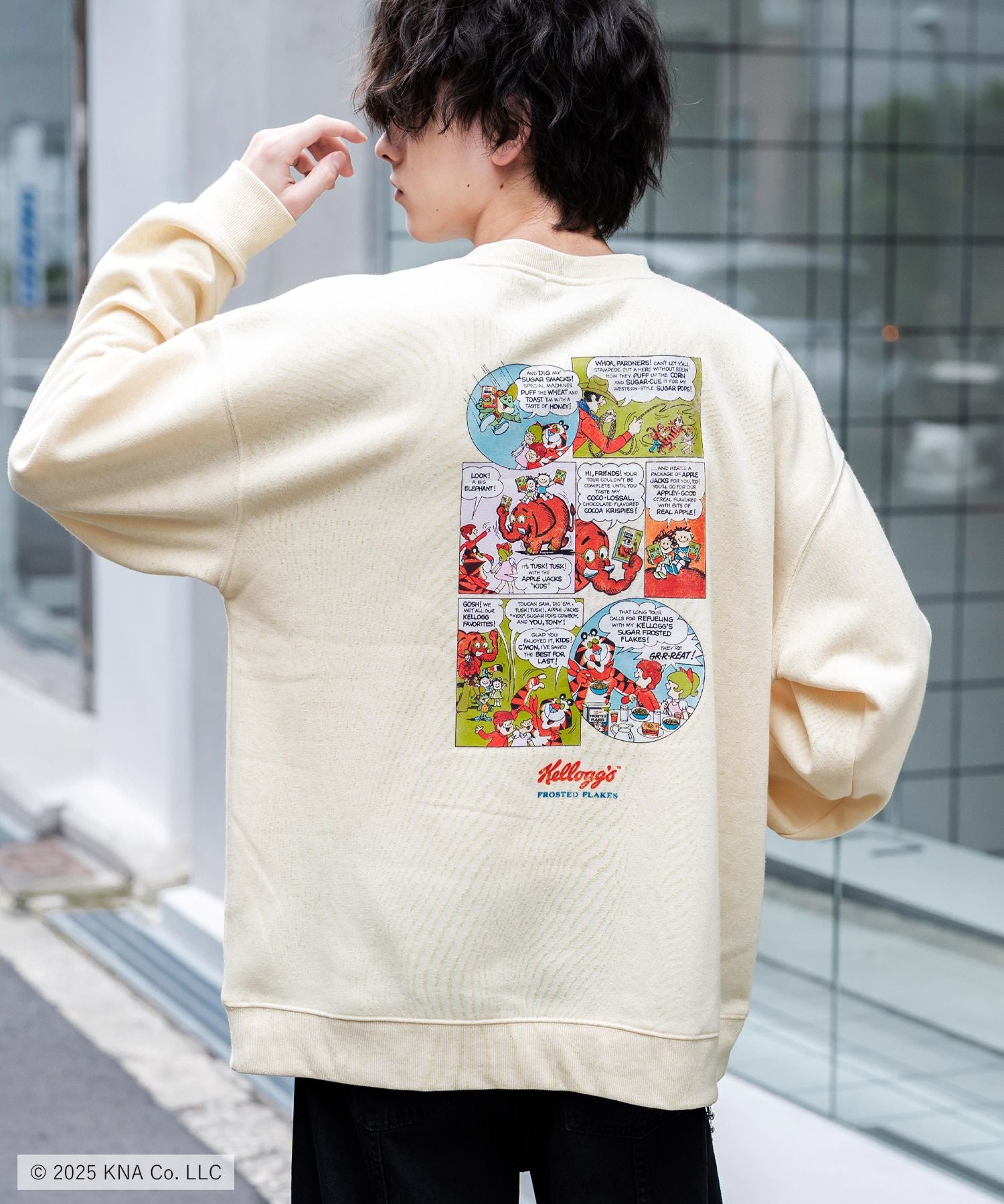 Kellogg's 別注コラボ オーバーサイズヴィンテージライクグラフィックプリント裏起毛スウェットトレーナー 15117
