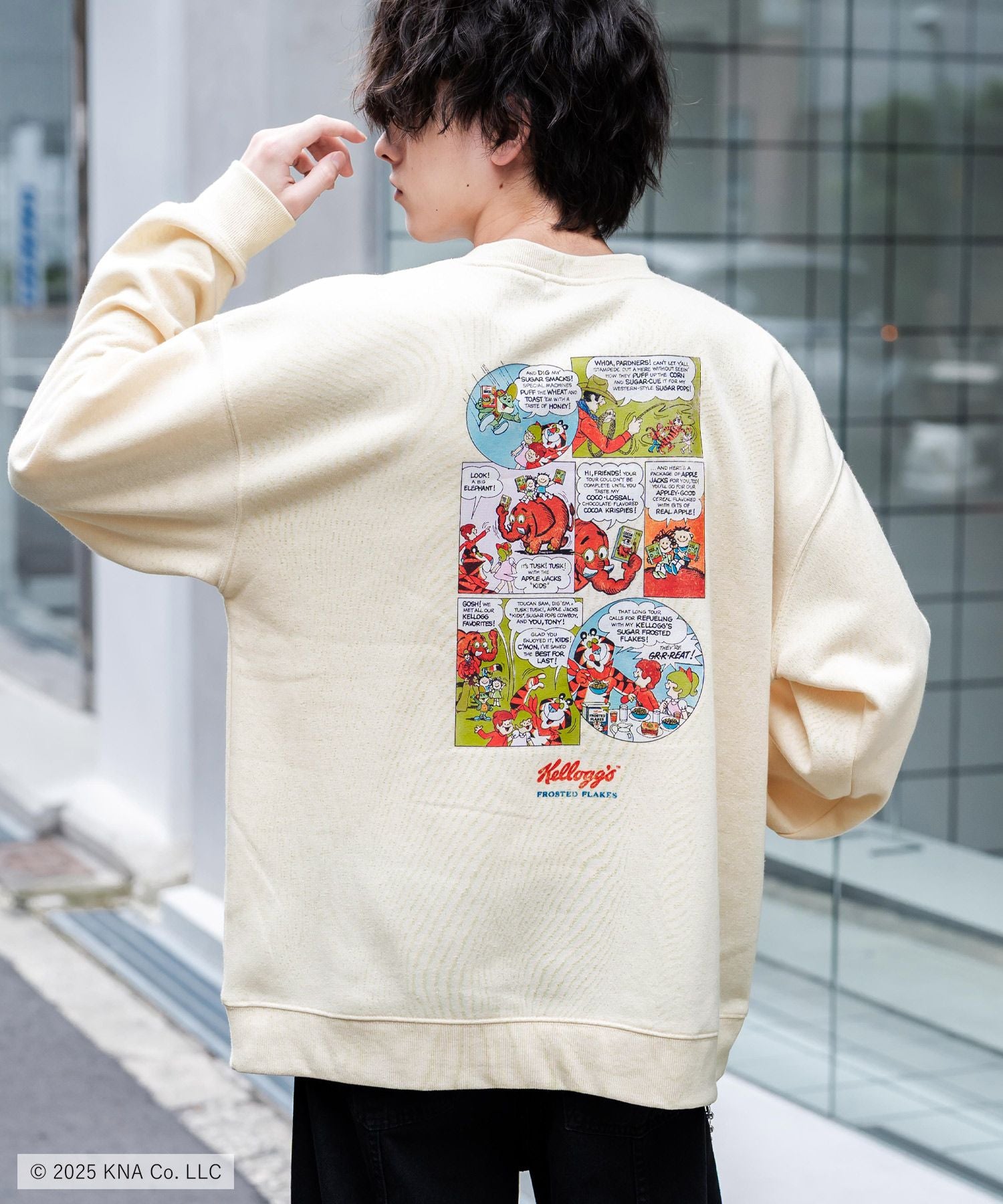 Kellogg's 別注コラボ オーバーサイズヴィンテージライクグラフィックプリント裏起毛スウェットトレーナー 15117