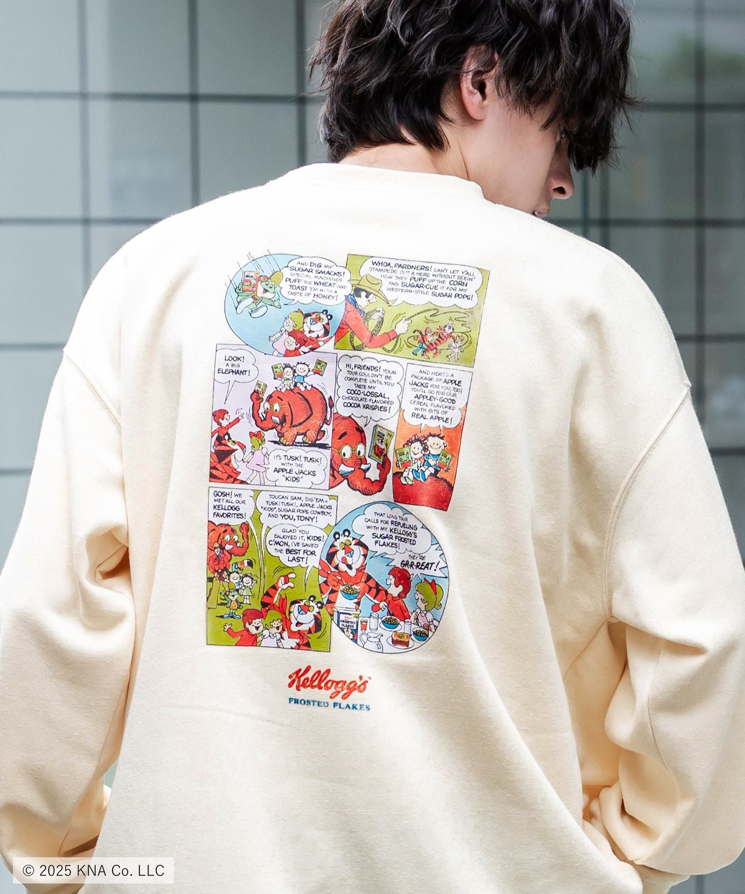 Kellogg's 別注コラボ オーバーサイズヴィンテージライクグラフィックプリント裏起毛スウェットトレーナー 15117