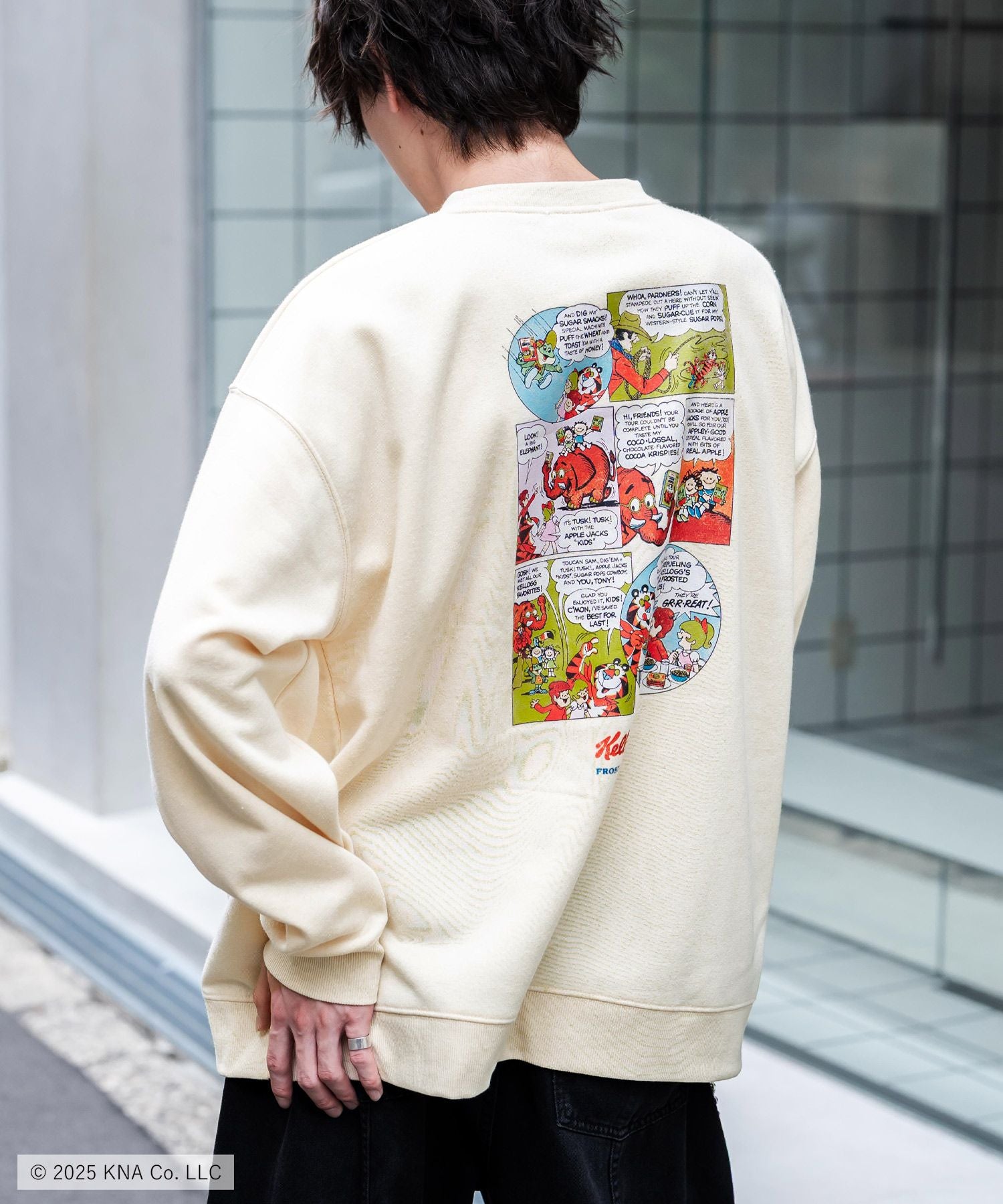 Kellogg's 別注コラボ オーバーサイズヴィンテージライクグラフィックプリント裏起毛スウェットトレーナー 15117