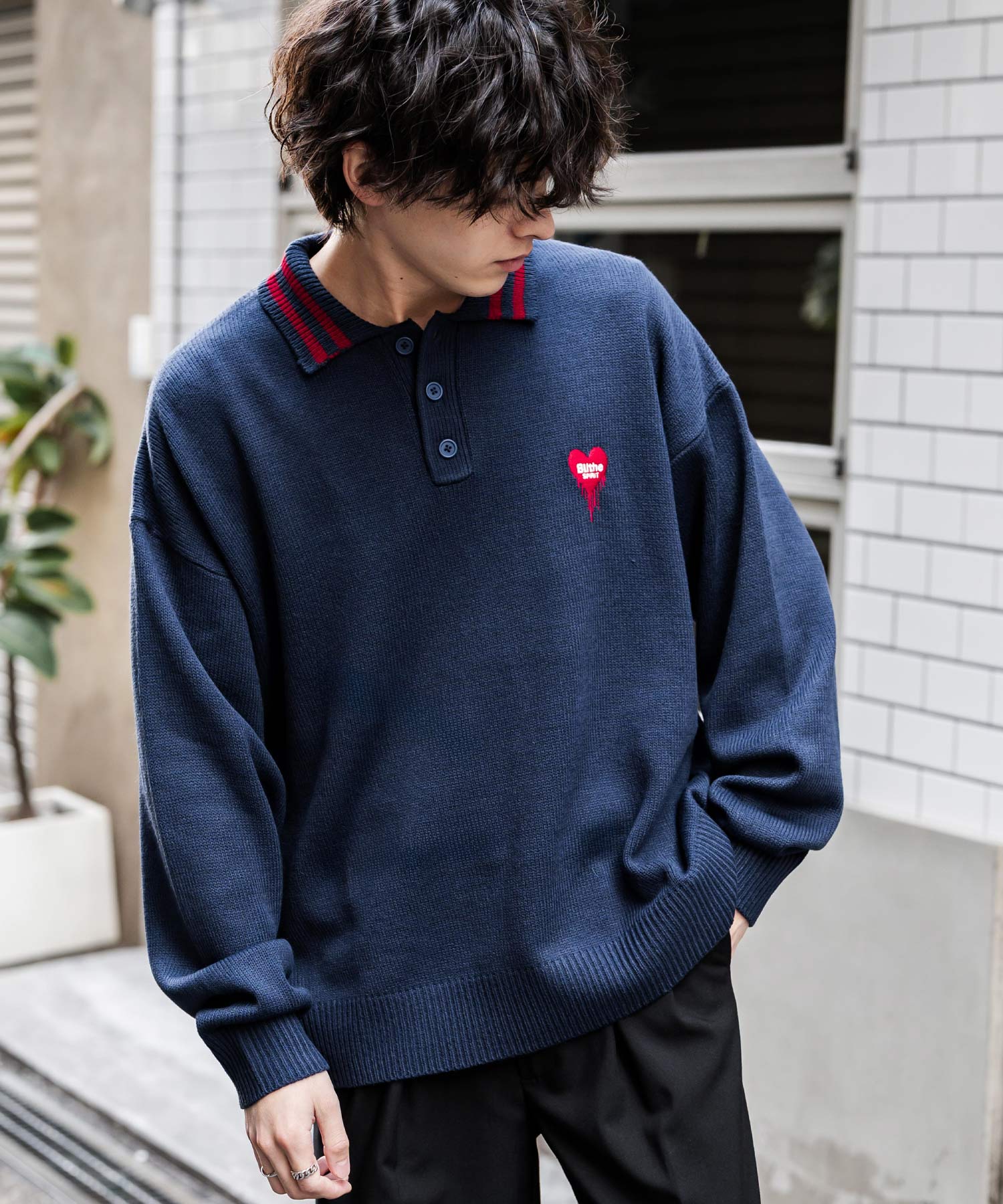 オーバーサイズ ワンポイント刺繍リブラインニットポロシャツ	15188