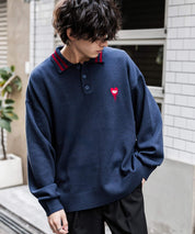 オーバーサイズ ワンポイント刺繍リブラインニットポロシャツ	15188