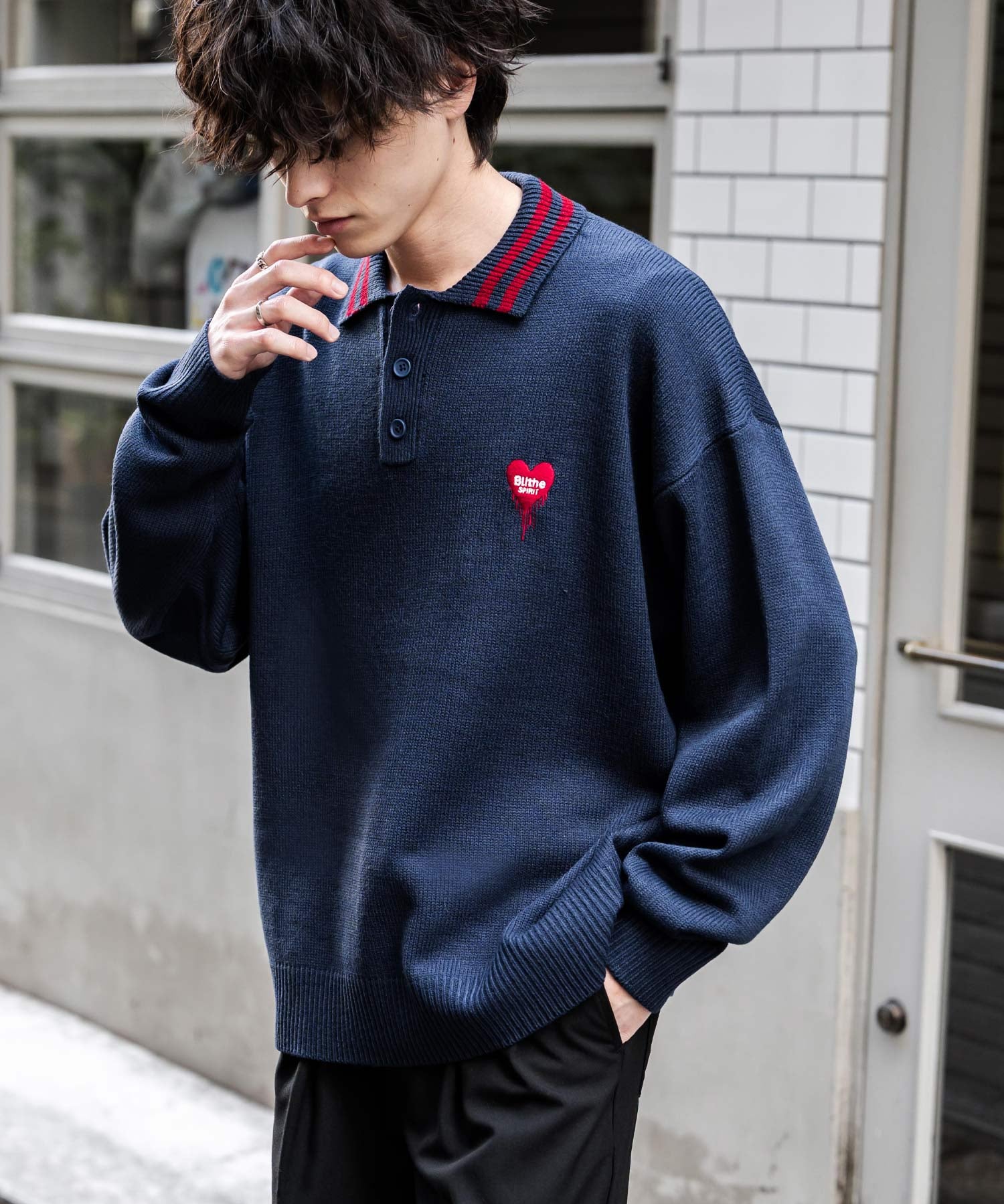 オーバーサイズ ワンポイント刺繍リブラインニットポロシャツ	15188