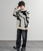 5Gフェザーヤーンジャガードマーブル柄ルーズクルーネック長袖ニット 15190