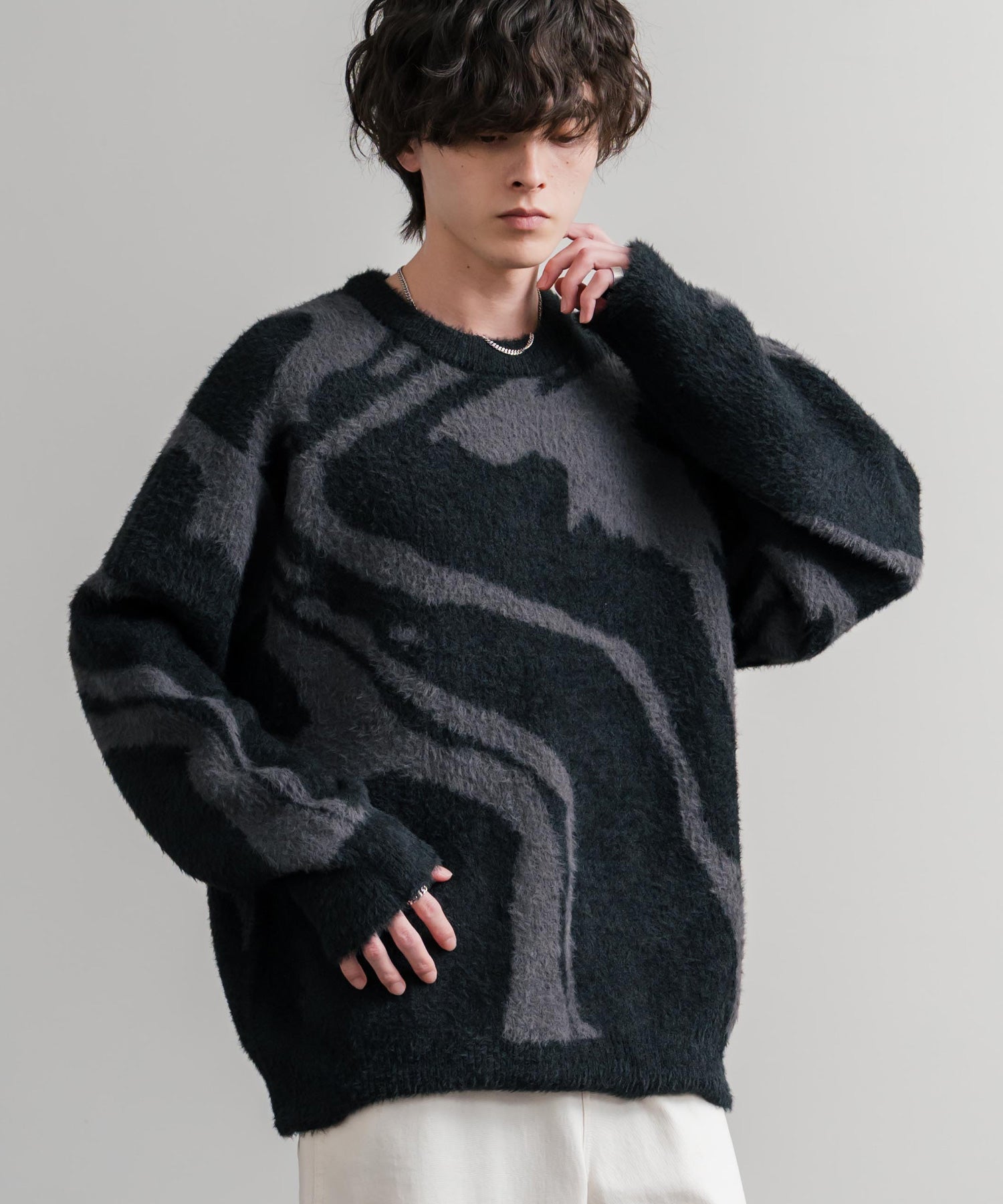 5Gフェザーヤーンジャガードマーブル柄ルーズクルーネック長袖ニット 15190