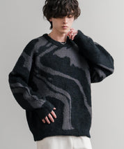 5Gフェザーヤーンジャガードマーブル柄ルーズクルーネック長袖ニット 15190