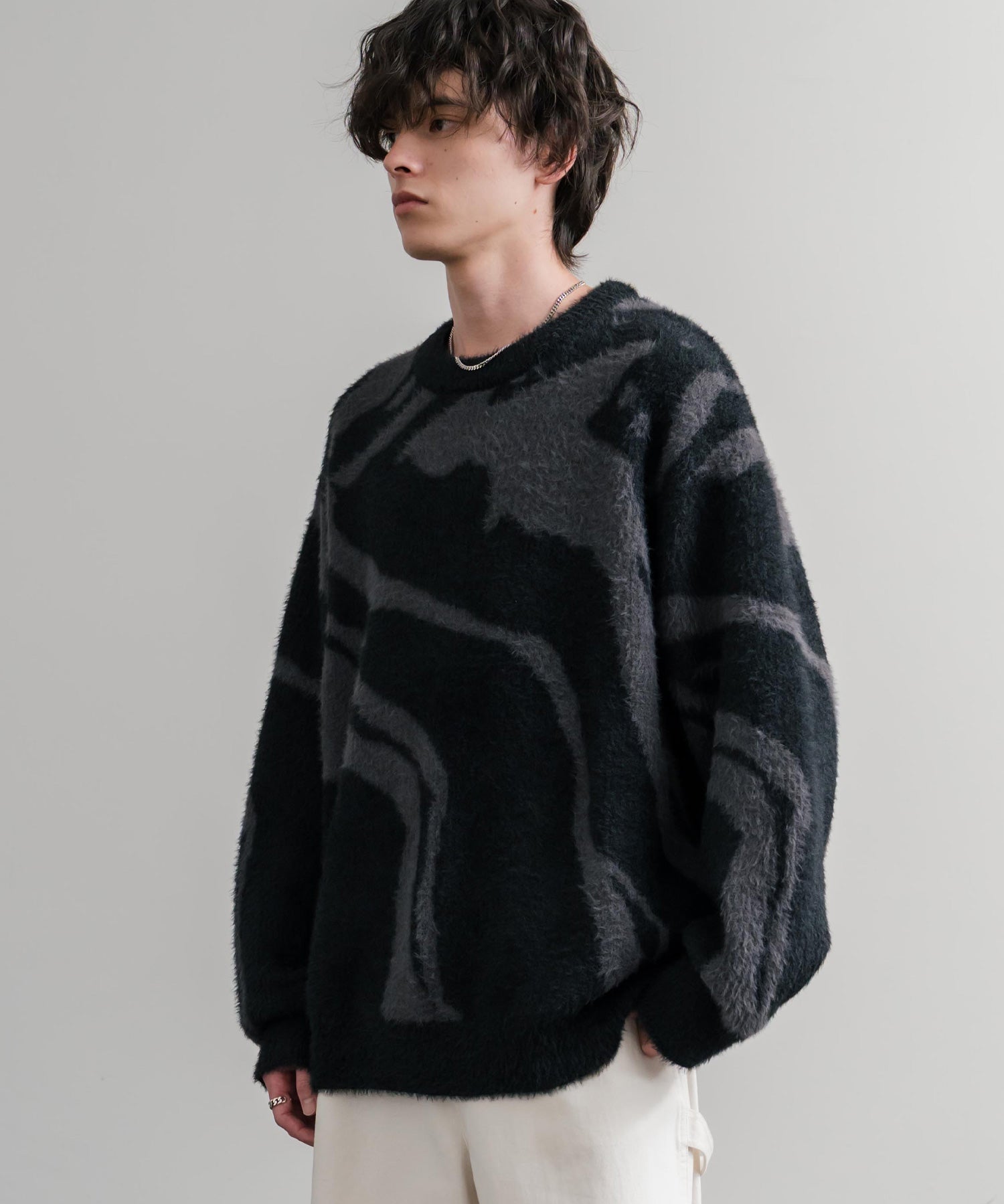 5Gフェザーヤーンジャガードマーブル柄ルーズクルーネック長袖ニット 15190