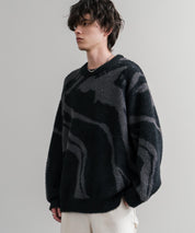 5Gフェザーヤーンジャガードマーブル柄ルーズクルーネック長袖ニット 15190