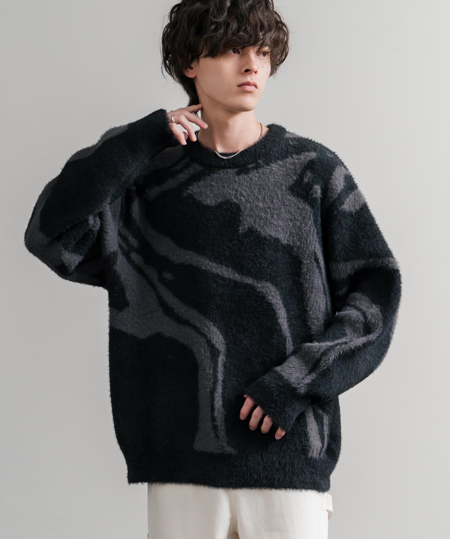 5Gフェザーヤーンジャガードマーブル柄ルーズクルーネック長袖ニット 15190