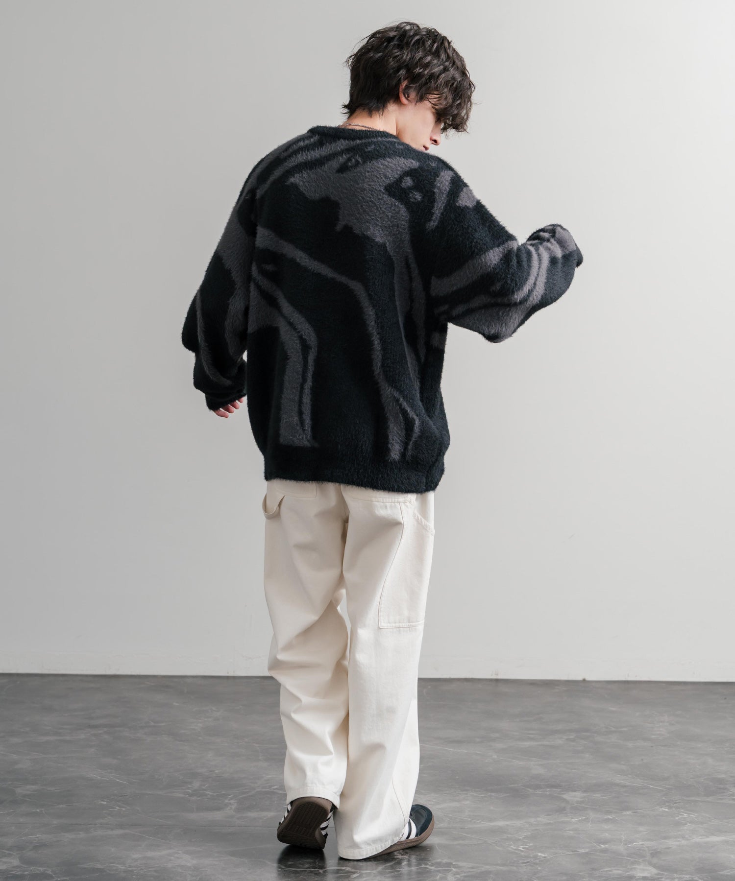 5Gフェザーヤーンジャガードマーブル柄ルーズクルーネック長袖ニット 15190