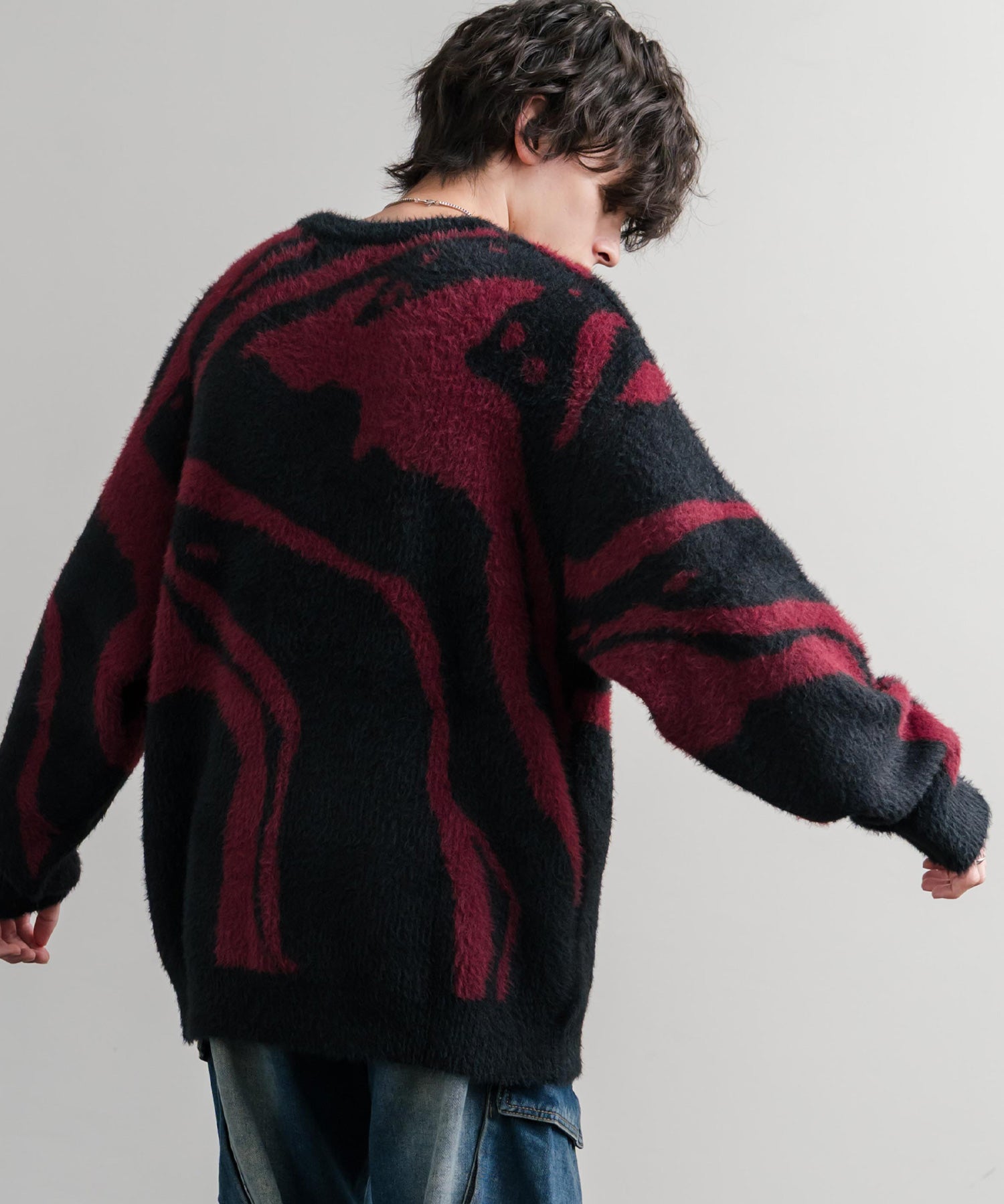 5Gフェザーヤーンジャガードマーブル柄ルーズクルーネック長袖ニット 15190