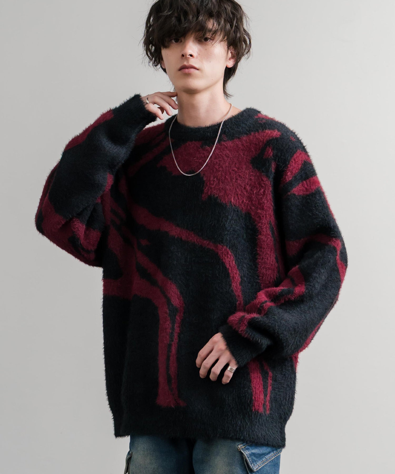 5Gフェザーヤーンジャガードマーブル柄ルーズクルーネック長袖ニット 15190