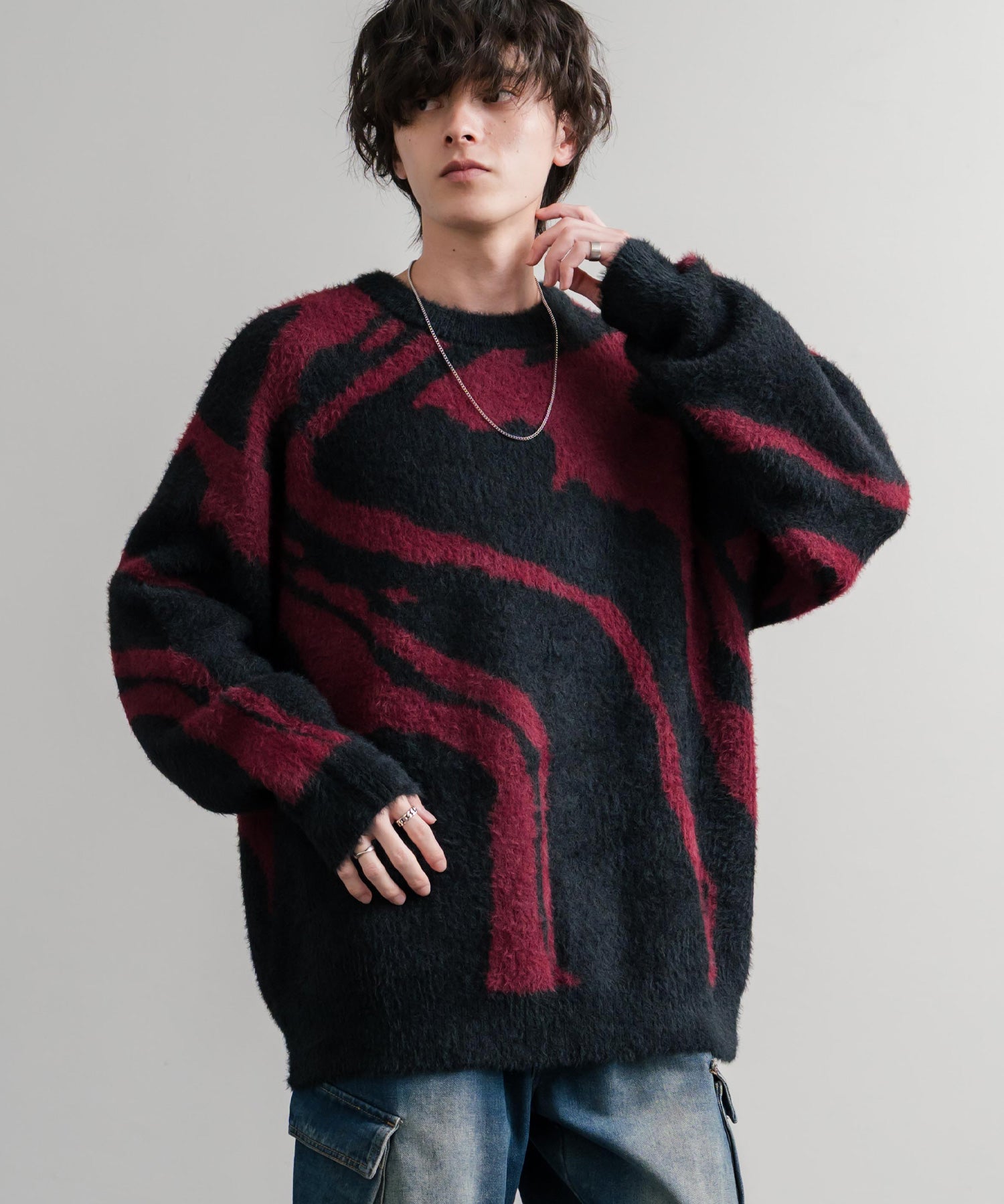 5Gフェザーヤーンジャガードマーブル柄ルーズクルーネック長袖ニット 15190