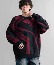 5Gフェザーヤーンジャガードマーブル柄ルーズクルーネック長袖ニット 15190