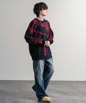 5Gフェザーヤーンジャガードマーブル柄ルーズクルーネック長袖ニット 15190