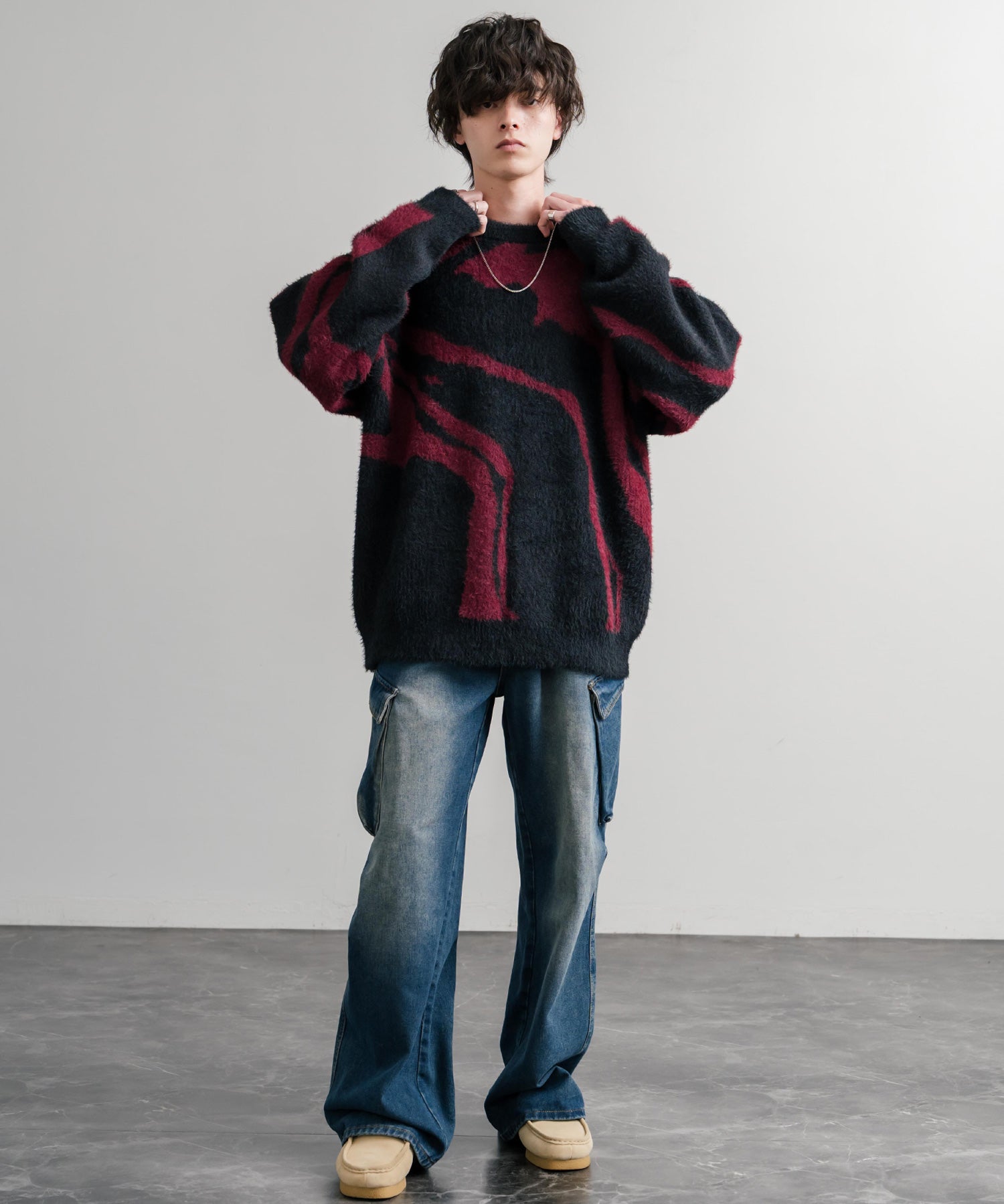 5Gフェザーヤーンジャガードマーブル柄ルーズクルーネック長袖ニット 15190