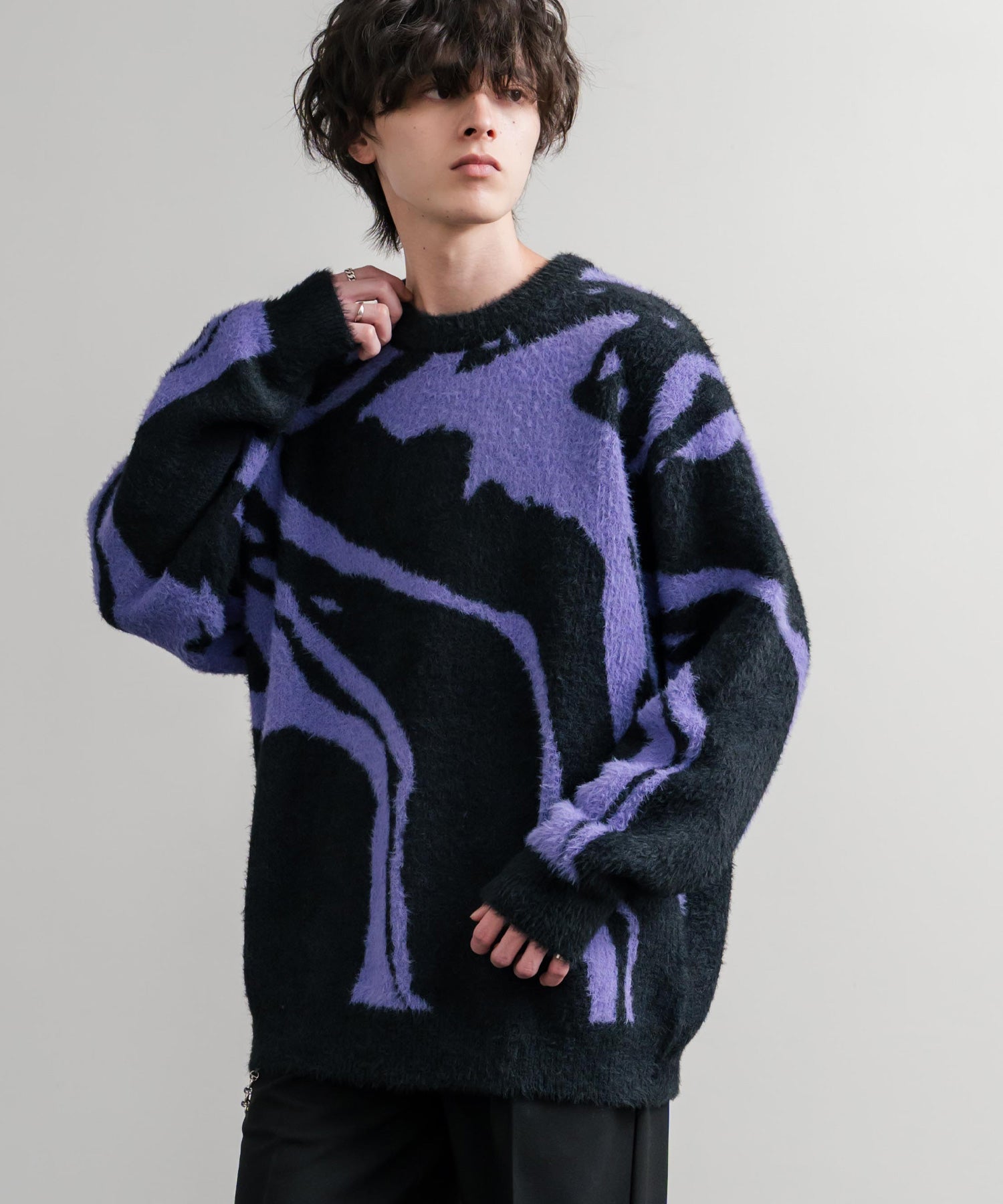 5Gフェザーヤーンジャガードマーブル柄ルーズクルーネック長袖ニット 15190