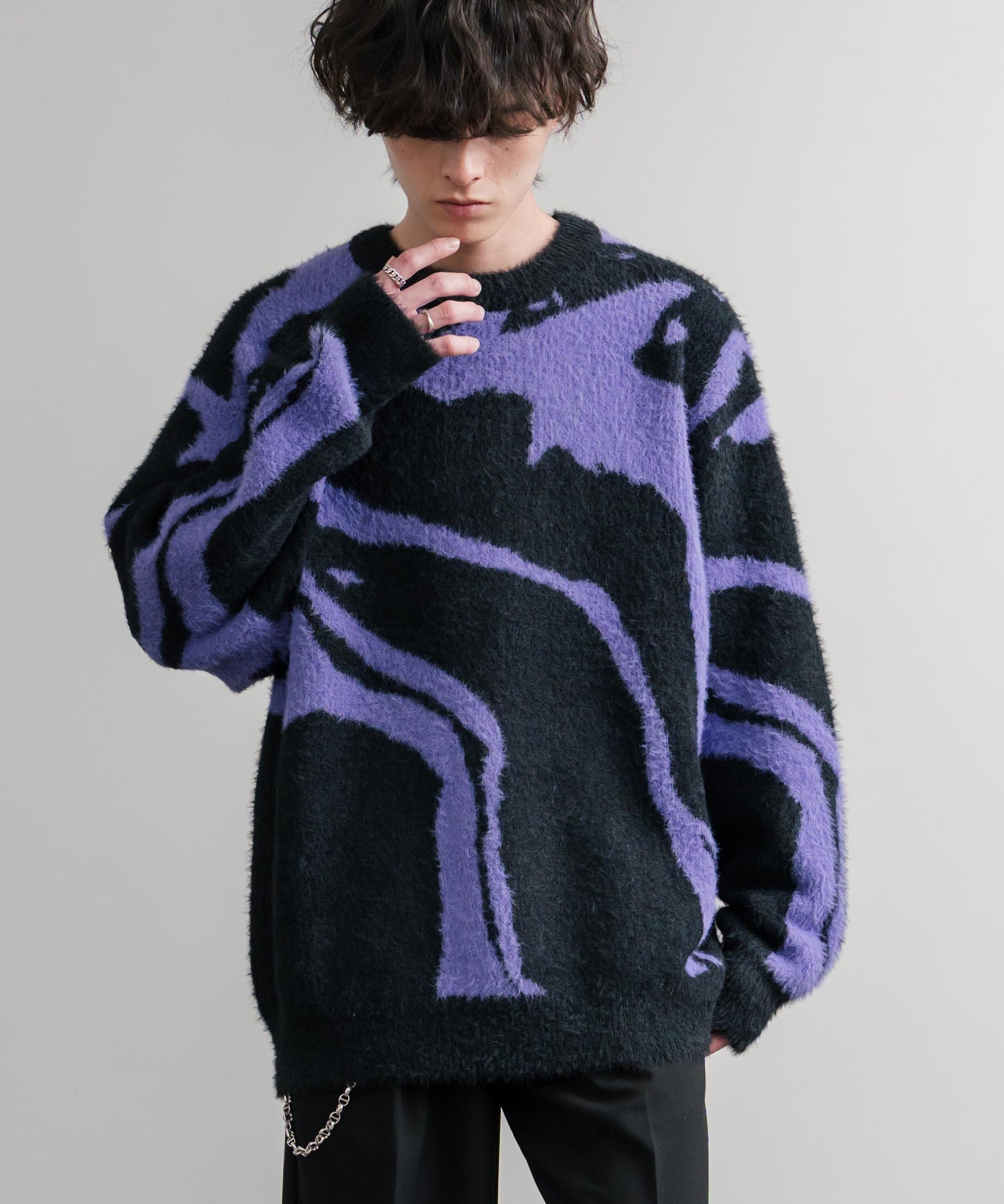 5Gフェザーヤーンジャガードマーブル柄ルーズクルーネック長袖ニット 15190