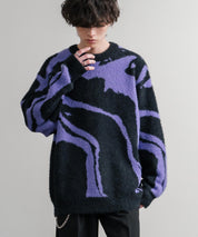 5Gフェザーヤーンジャガードマーブル柄ルーズクルーネック長袖ニット 15190