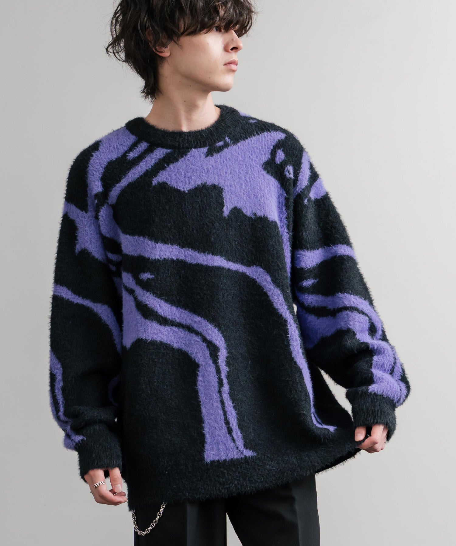 5Gフェザーヤーンジャガードマーブル柄ルーズクルーネック長袖ニット 15190