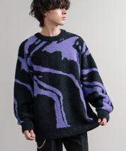 5Gフェザーヤーンジャガードマーブル柄ルーズクルーネック長袖ニット 15190