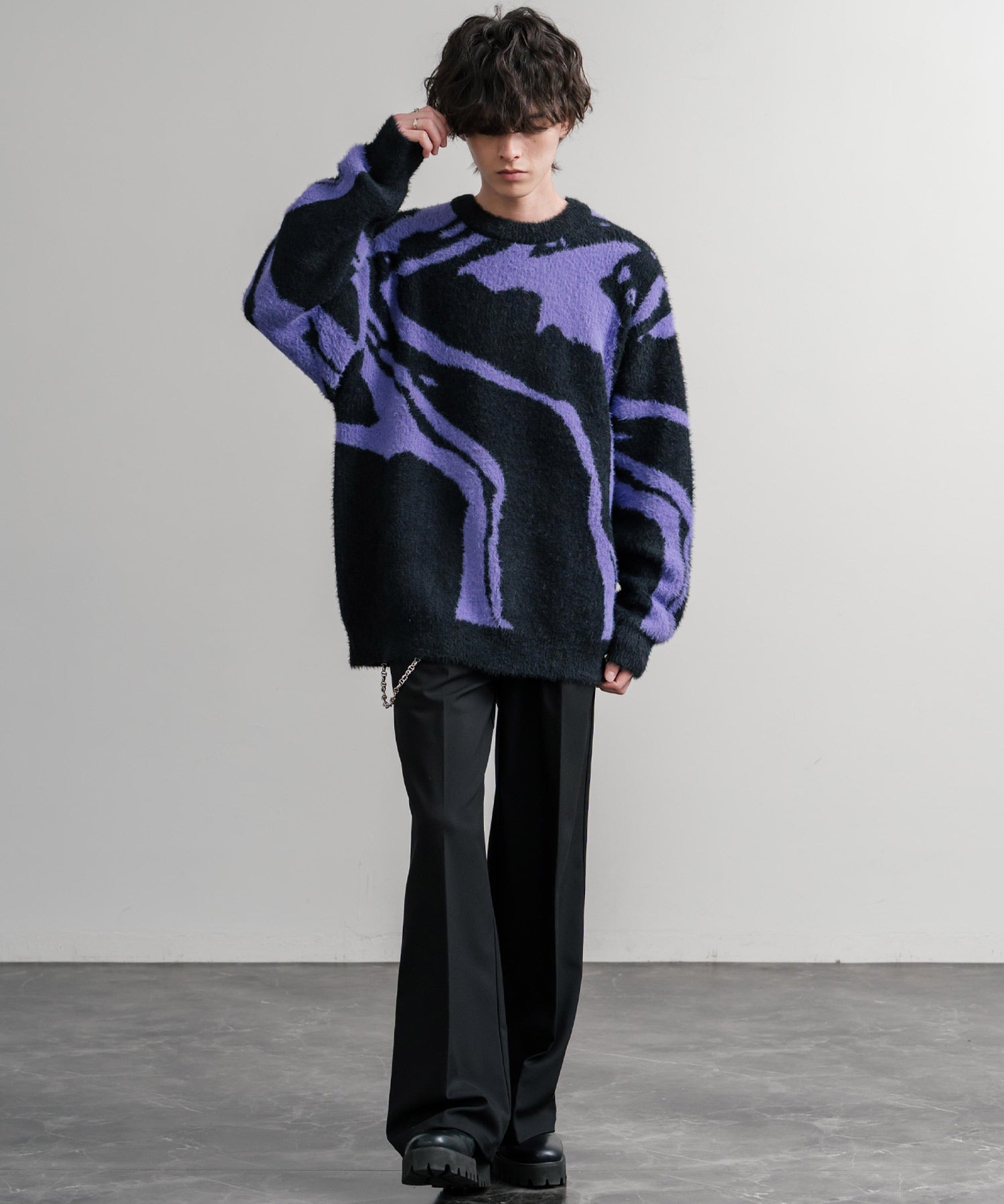 5Gフェザーヤーンジャガードマーブル柄ルーズクルーネック長袖ニット 15190