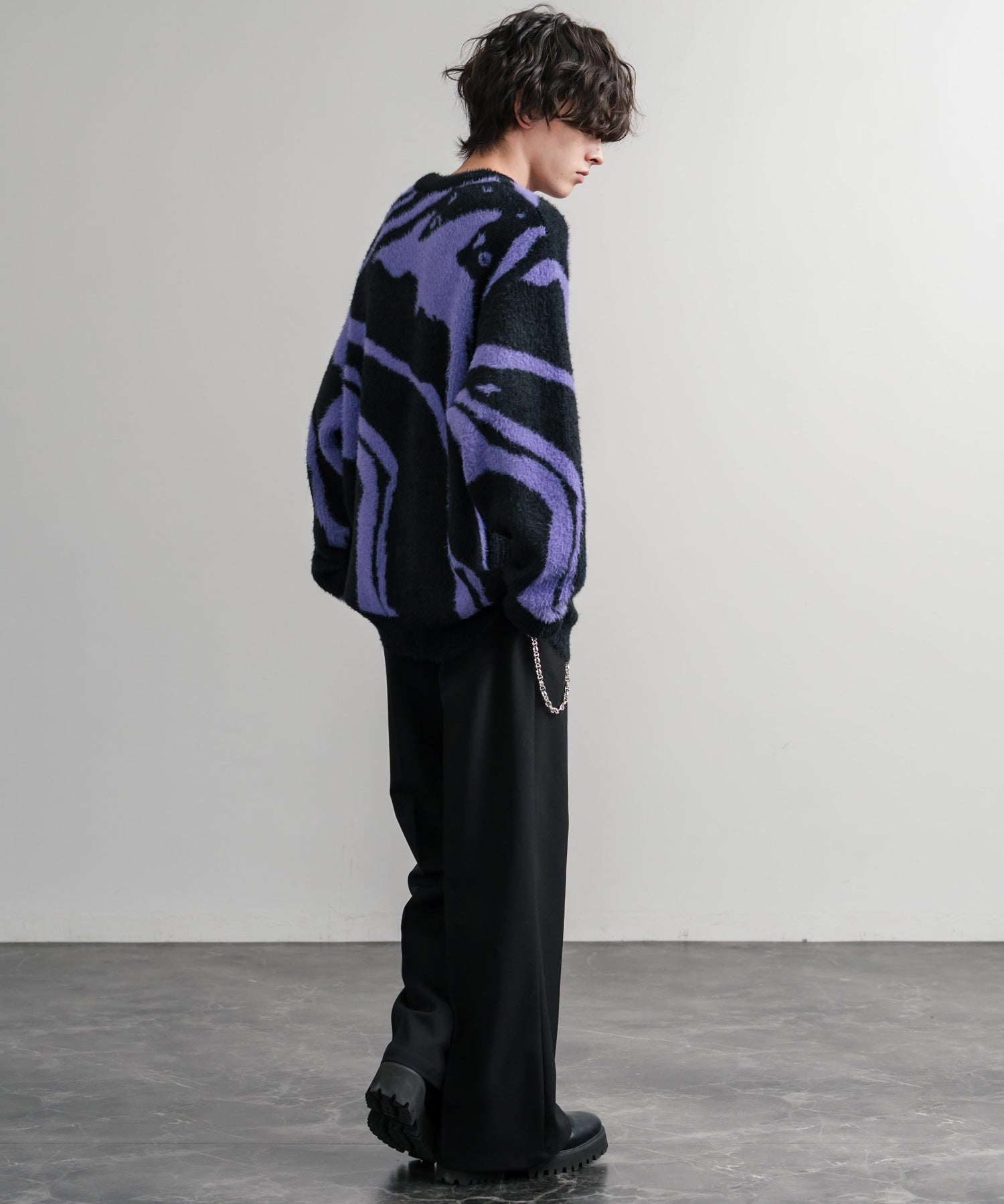 5Gフェザーヤーンジャガードマーブル柄ルーズクルーネック長袖ニット 15190