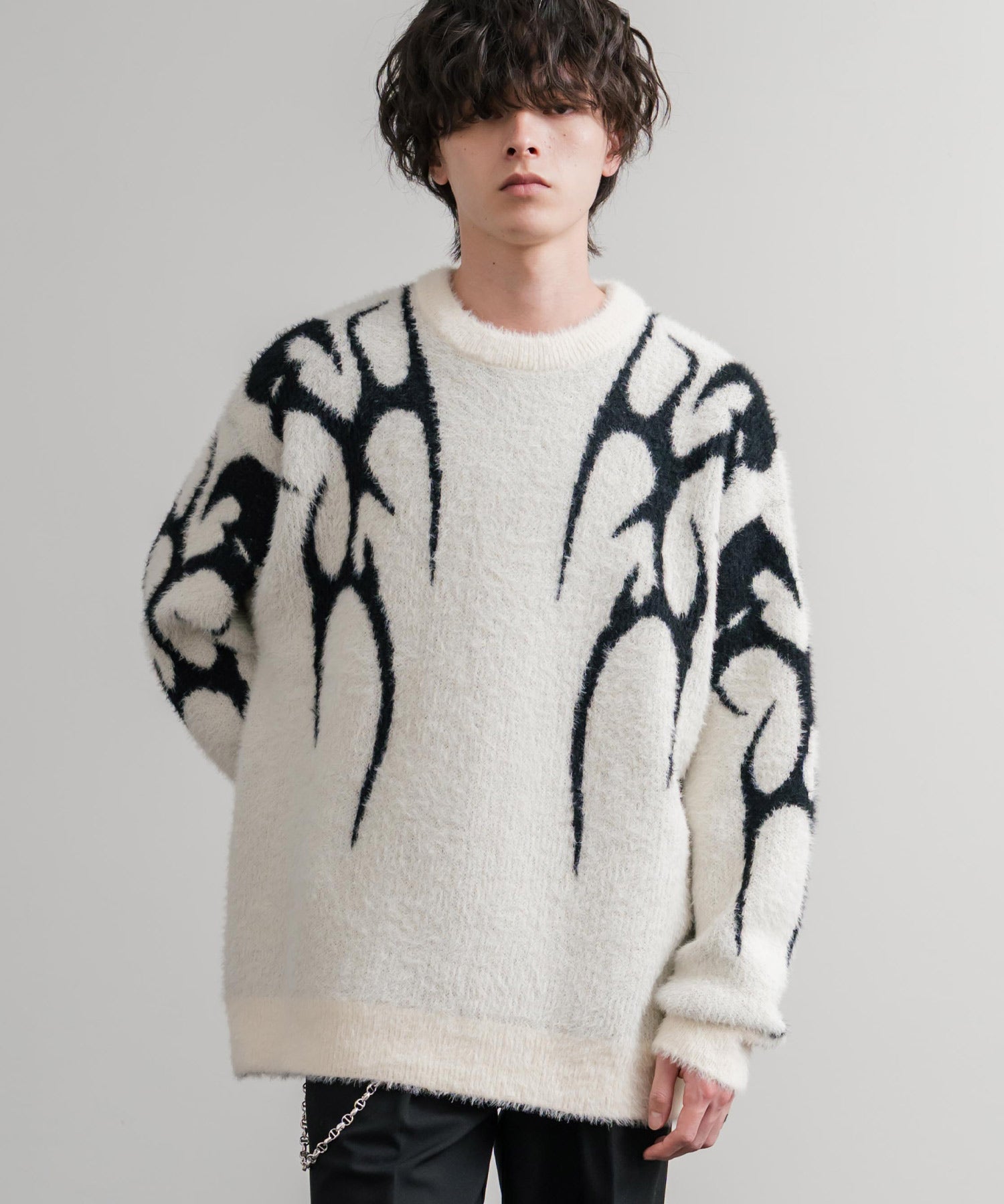 5Gフェザーヤーンジャガードトライバル柄ルーズクルーネック長袖ニット 15191